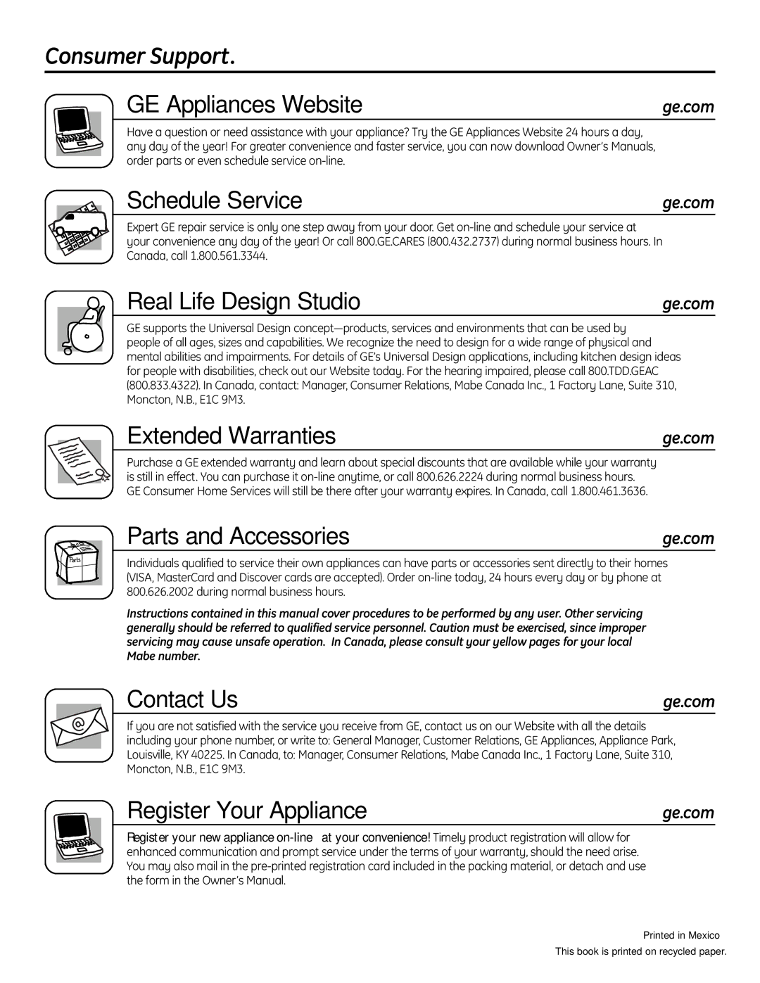 GE JGBS19 Consumer Support GE Appliances Website, Schedule Service, Real Life Design Studio, Extended Warranties 