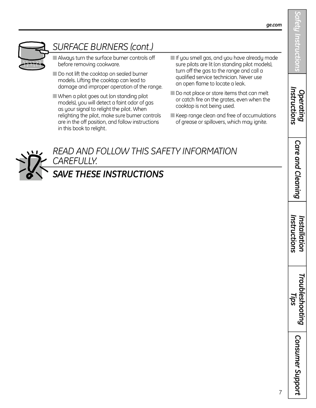 GE JGBS19 installation instructions Surface Burners, Instructions Operating 