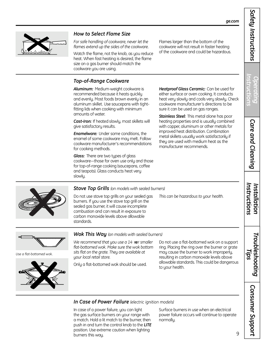 GE JGBS19 installation instructions Safety Instructions, How to Select Flame Size, Top-of-Range Cookware 