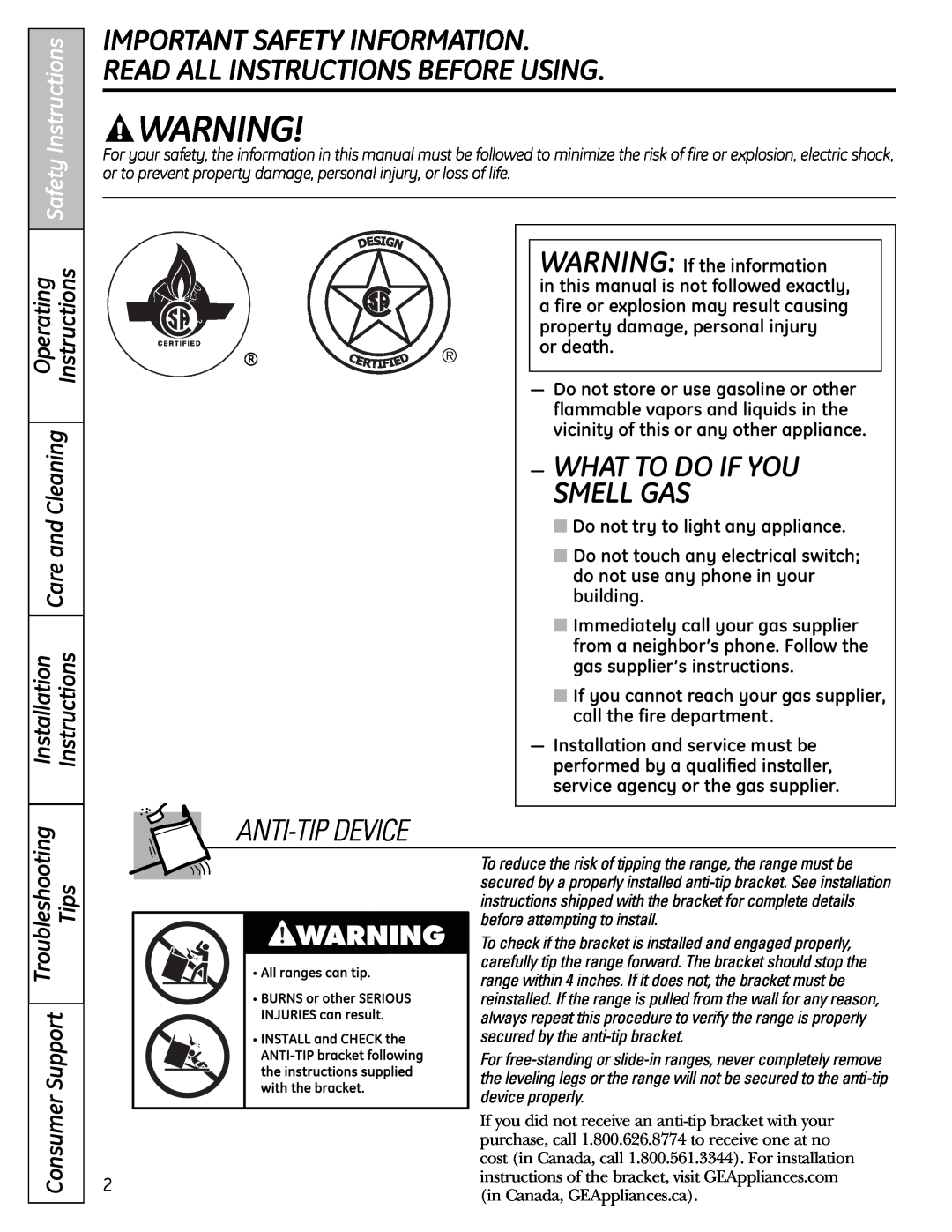 GE JGBS19 Important Safety Information Read All Instructions Before Using, What To Do If You Smell Gas, Anti-Tip Device 