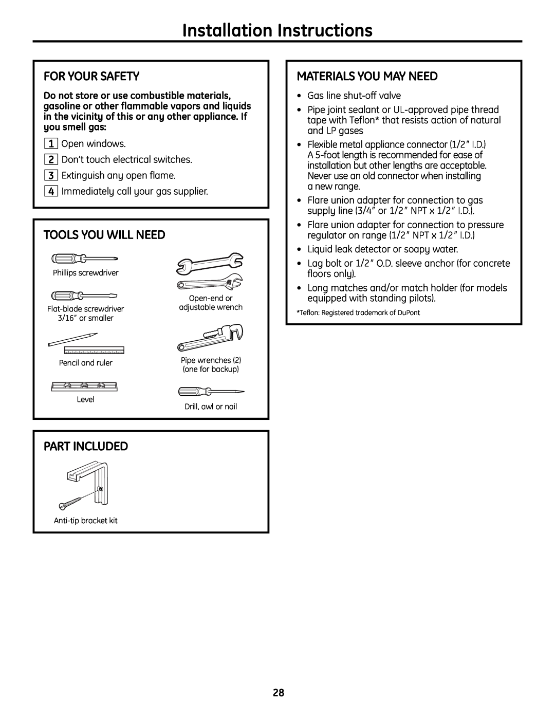 GE JGBS19 Installation Instructions, For Your Safety, Tools You Will Need, Part Included, Materials You May Need 