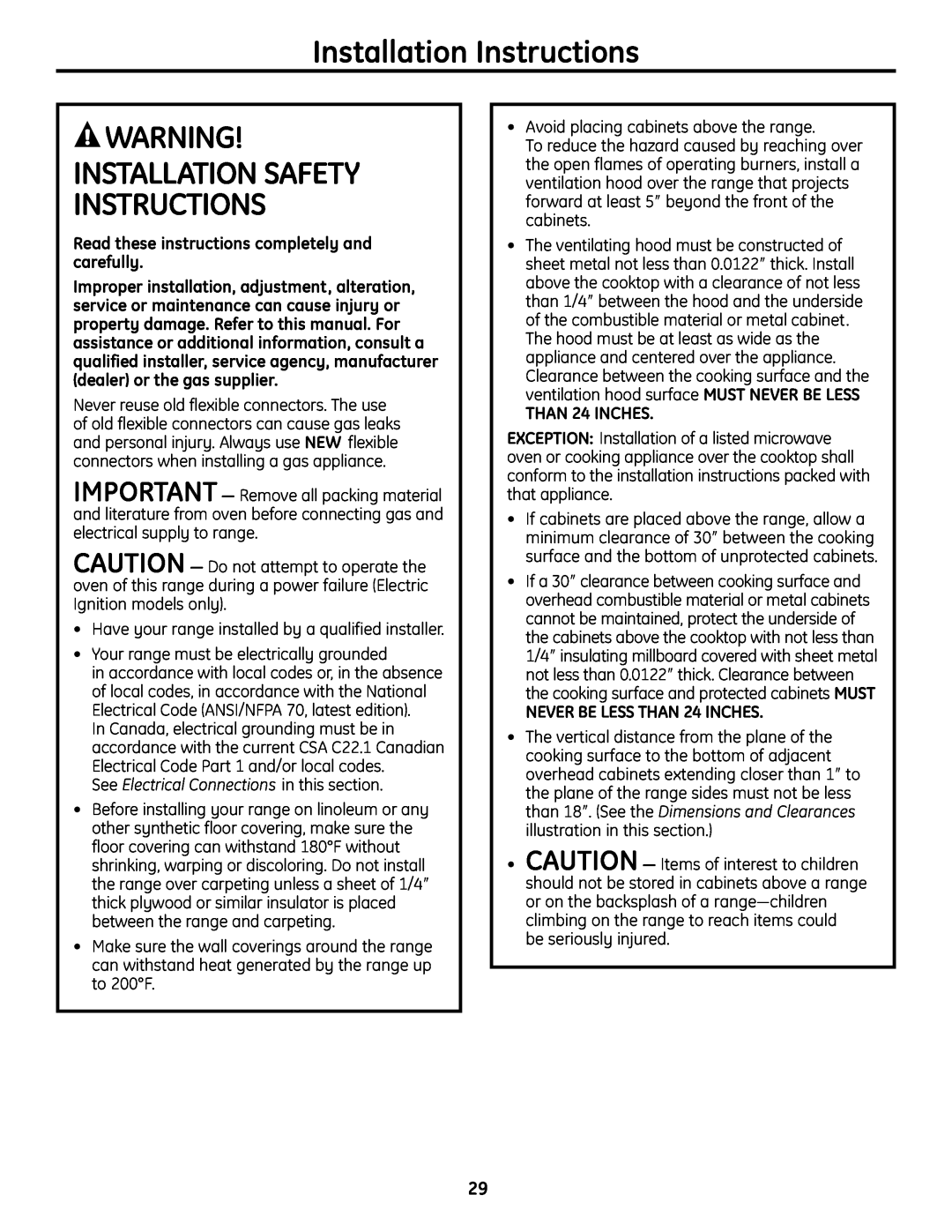 GE JGBS19 Installation Safety Instructions, Installation Instructions, Read these instructions completely and carefully 