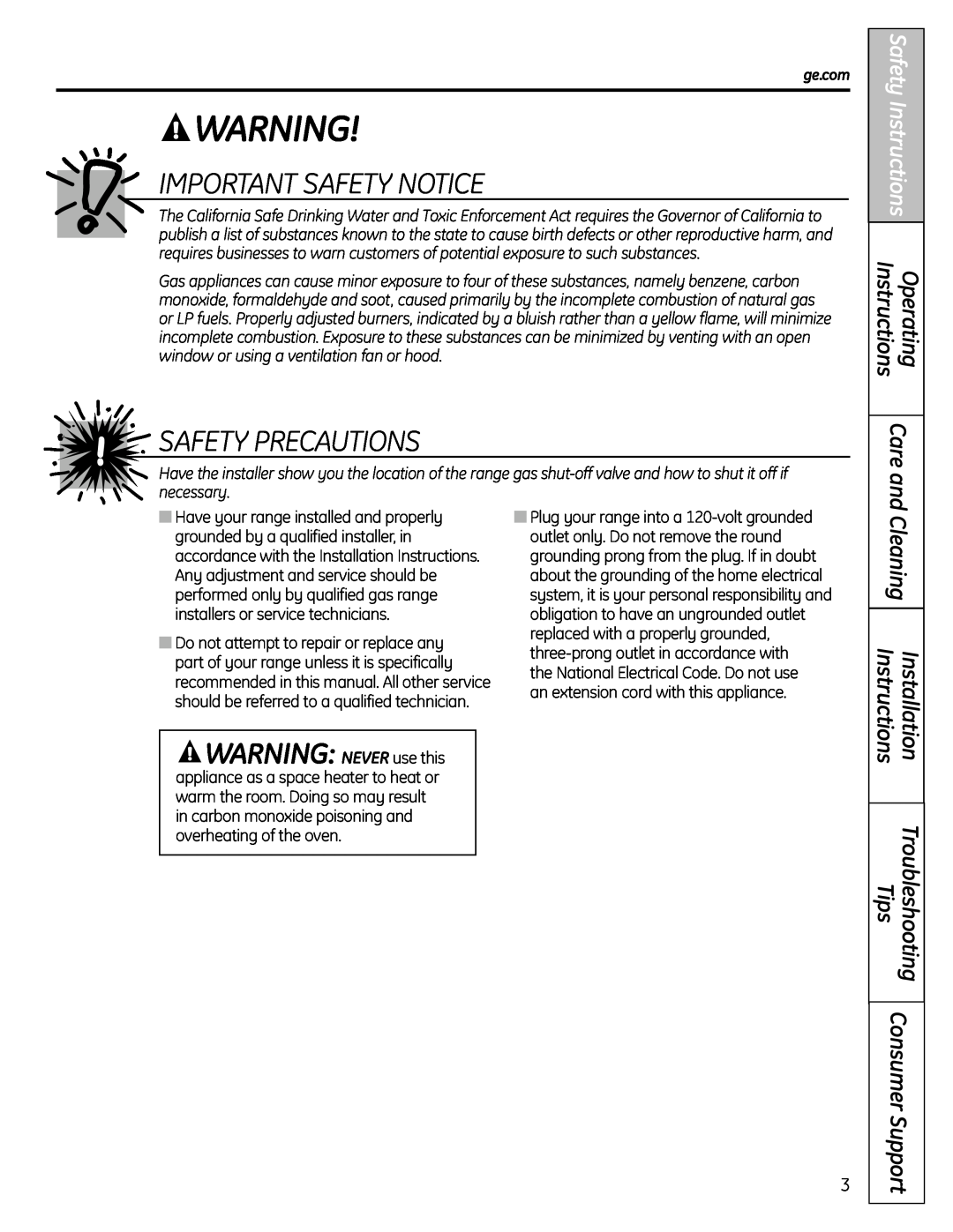 GE JGBS19 Important Safety Notice, Safety Precautions, WARNING NEVER use this, Consumer Support, Installation, Care and 