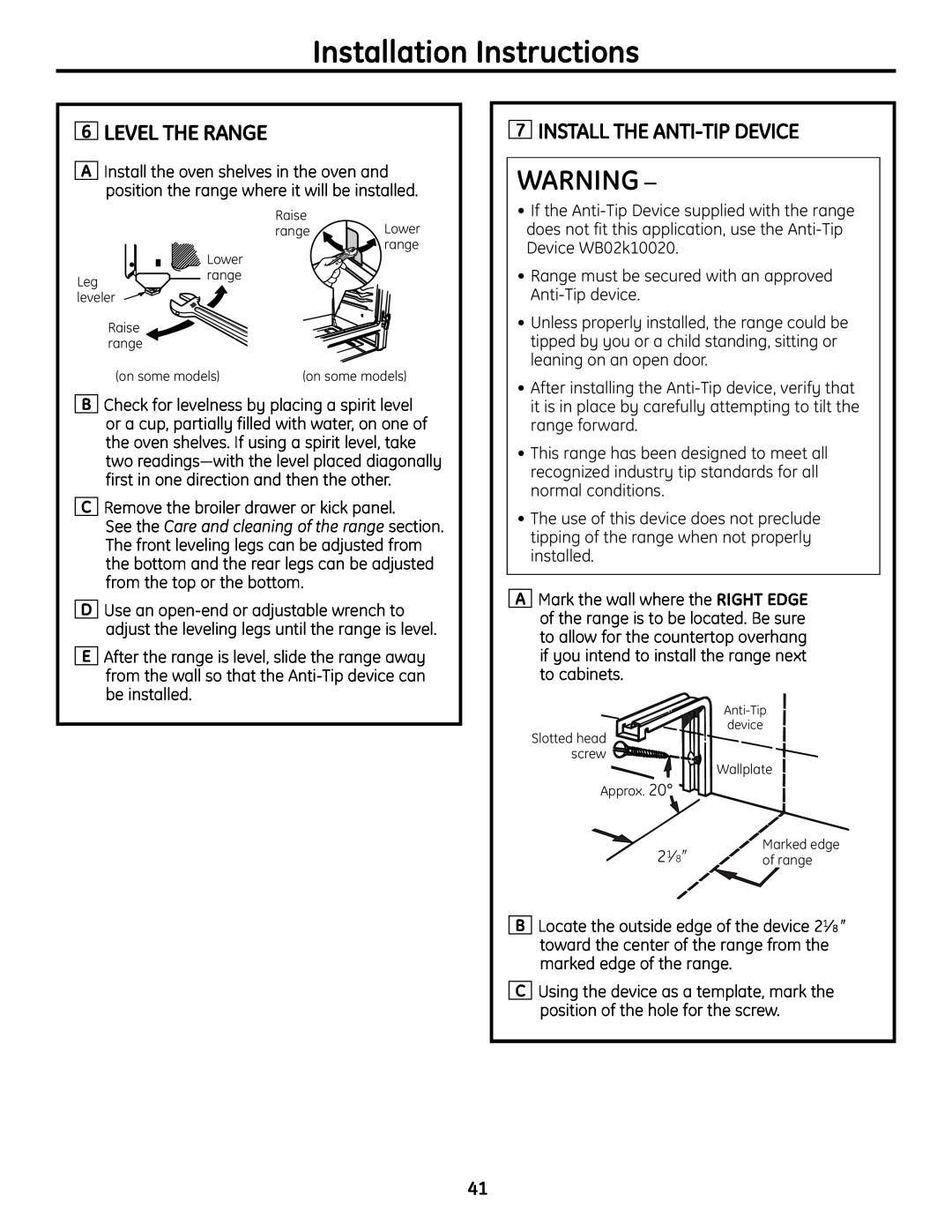 GE JGBS19 installation instructions Level The Range, Install The Anti-Tip Device, Installation Instructions 