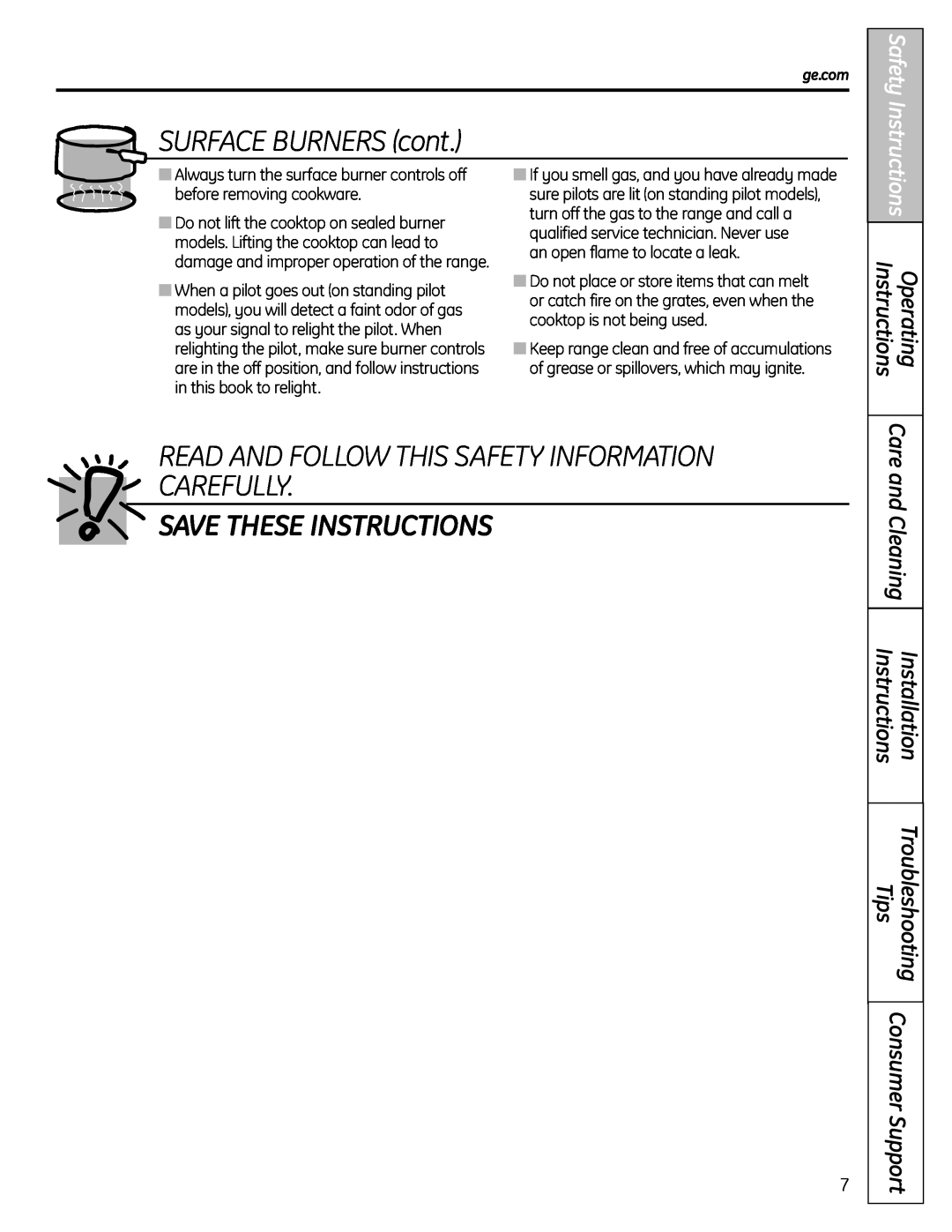GE JGBS19 SURFACE BURNERS cont, Save These Instructions, Safety Instructions, Operating, Tips, Installation, ge.com 