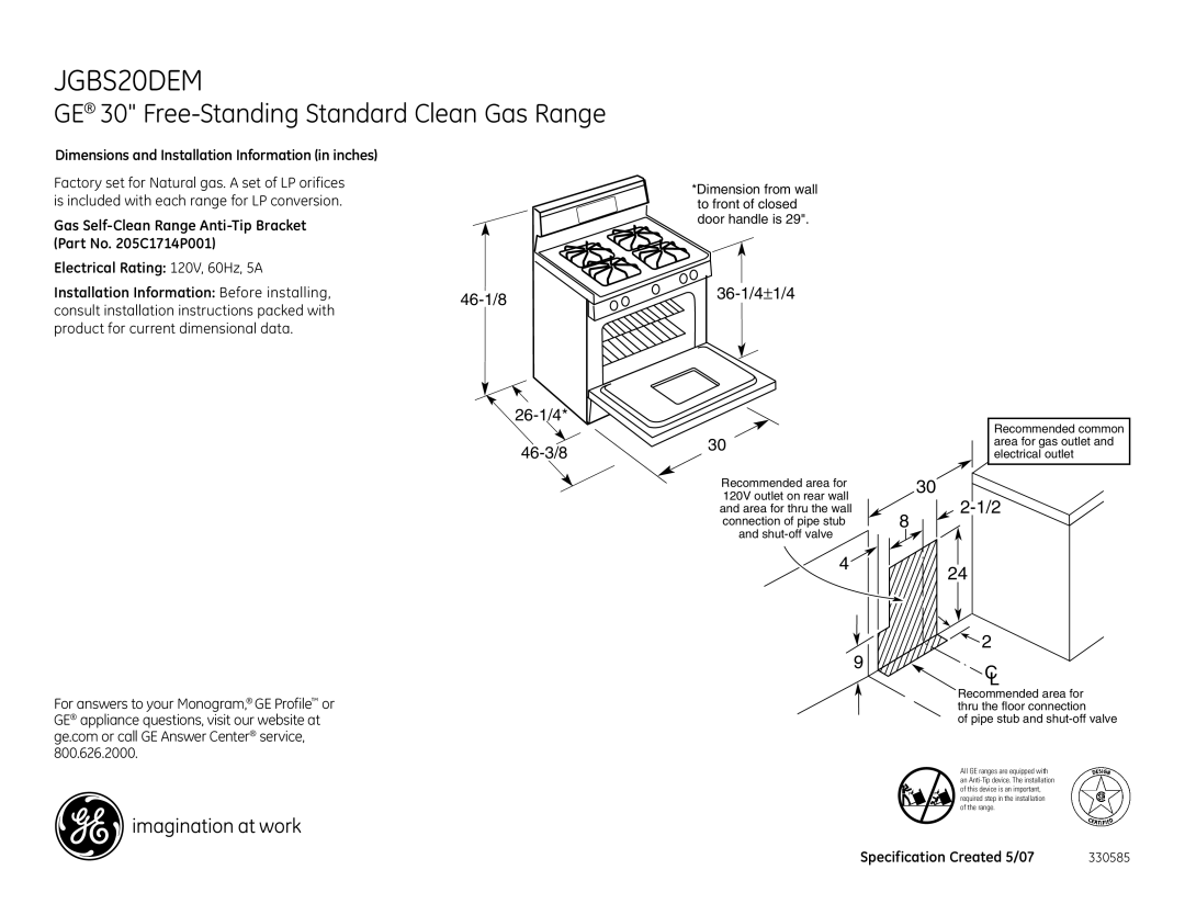 GE JGBS20DEM dimensions GE 30 Free-Standing Standard Clean Gas Range, 46-1/8 26-1/4 46-3/8, 36-1/4±1/4 