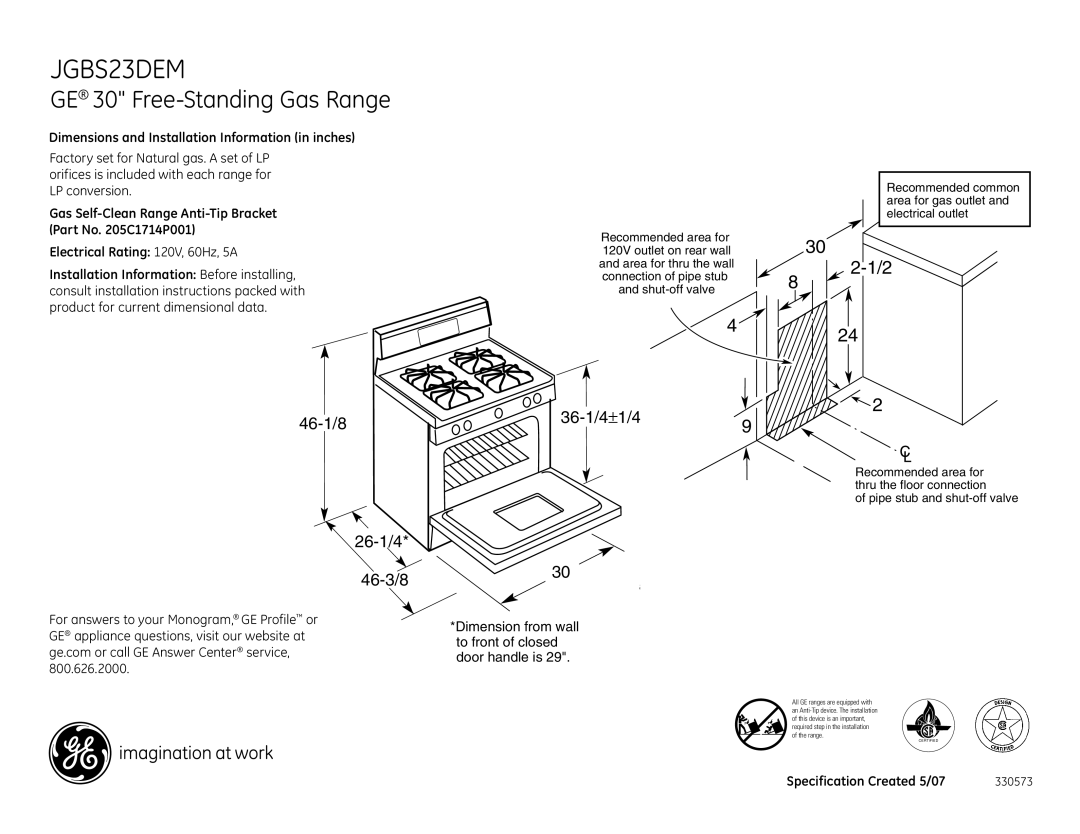 GE JGBS23DEM dimensions GE 30 Free-Standing Gas Range, 46-1/8 26-1/4 46-3/8 36-1/4±1/49, Specification Created 5/07 