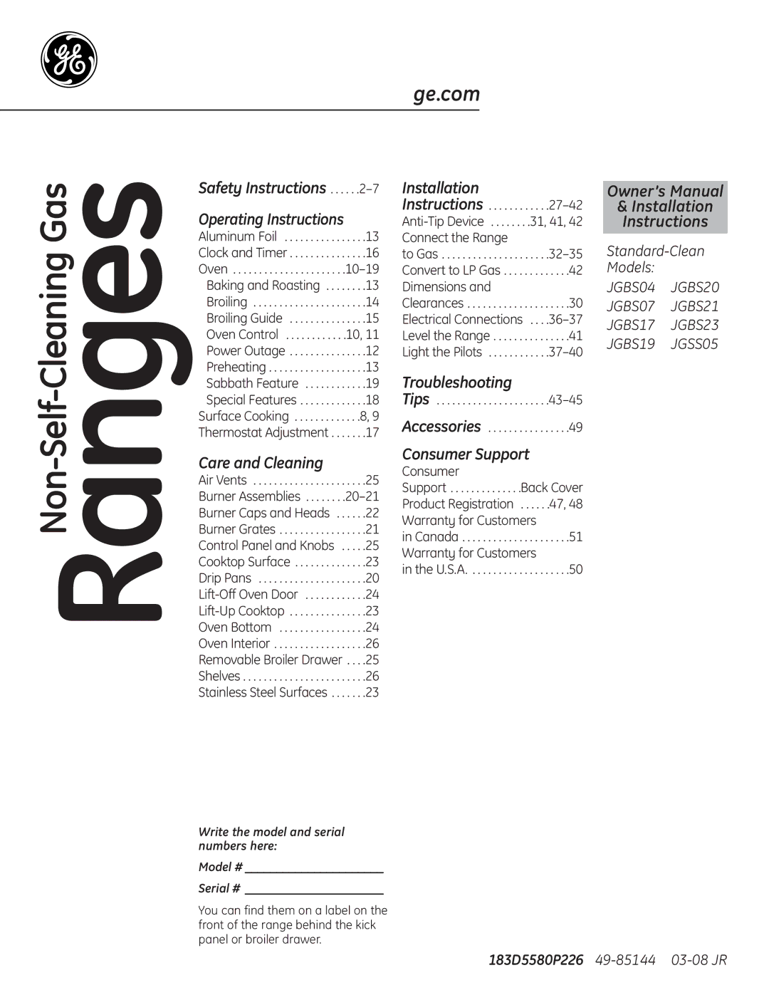 GE JGBS23DEMCC installation instructions Safety Instructions, Write the model and serial numbers here Model # Serial # 