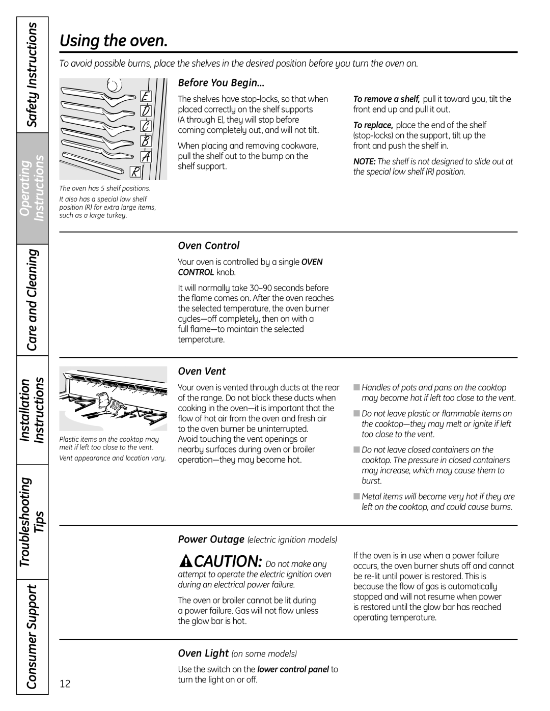 GE JGBS23DEMCC installation instructions Before You Begin…, Oven Vent, Turn the light on or off 