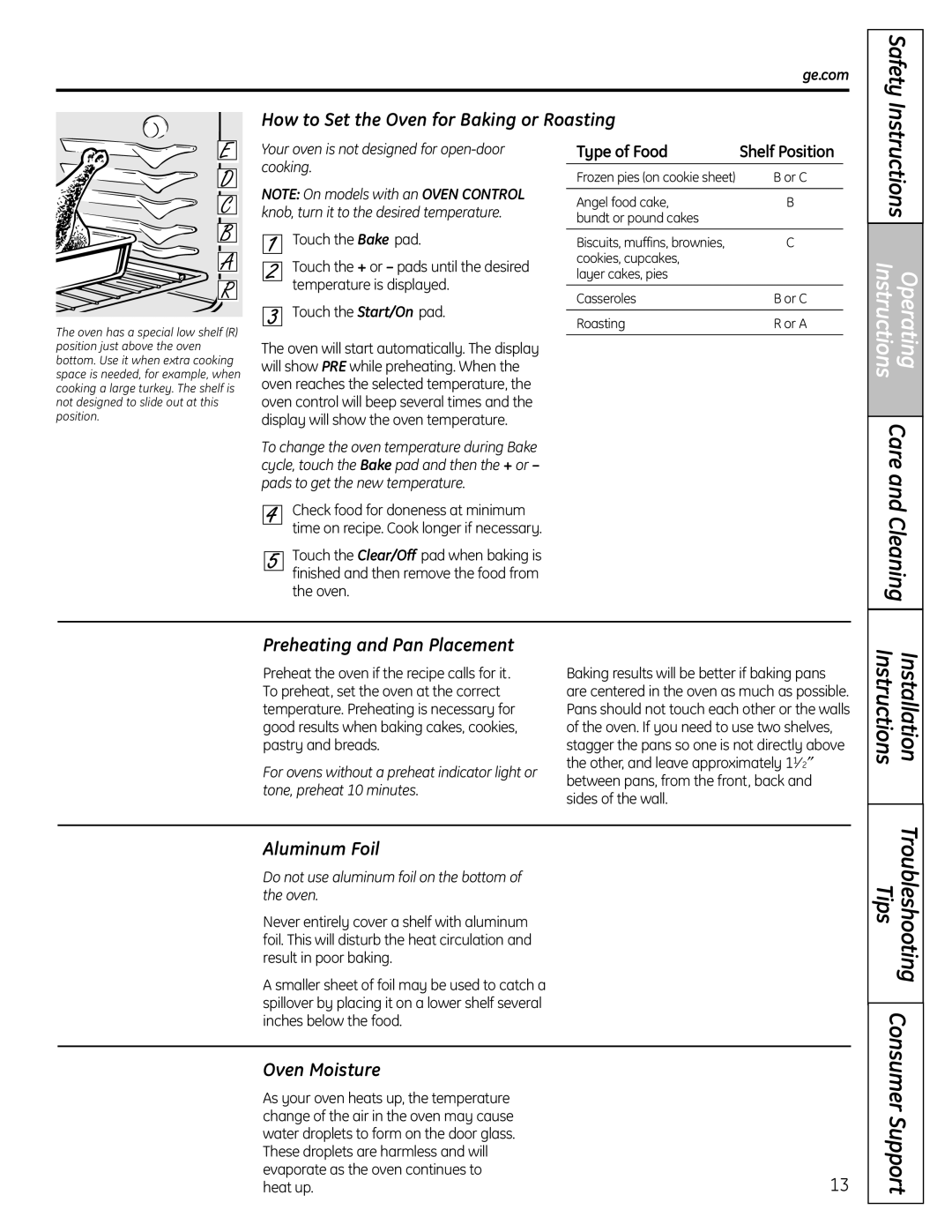 GE JGBS23DEMCC How to Set the Oven for Baking or Roasting, Aluminum Foil, Oven Moisture, Type of Food 