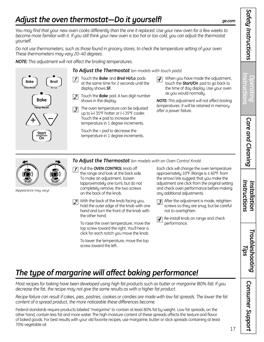 GE JGBS23DEMCC Adjust the oven thermostat-Do it yourself, Type of margarine will affect baking performance 