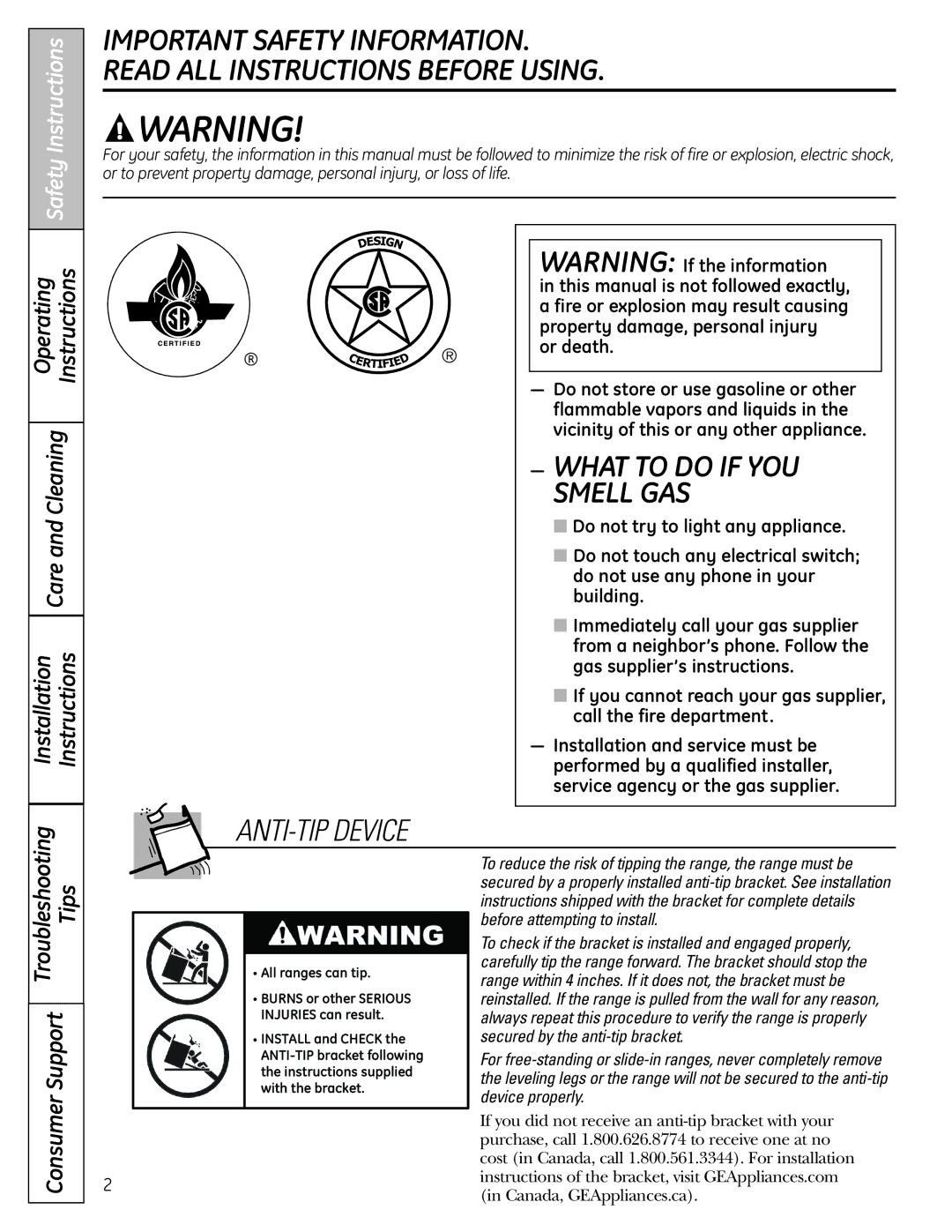 GE JGBS23DEMCC installation instructions What to do if YOU Smell GAS 