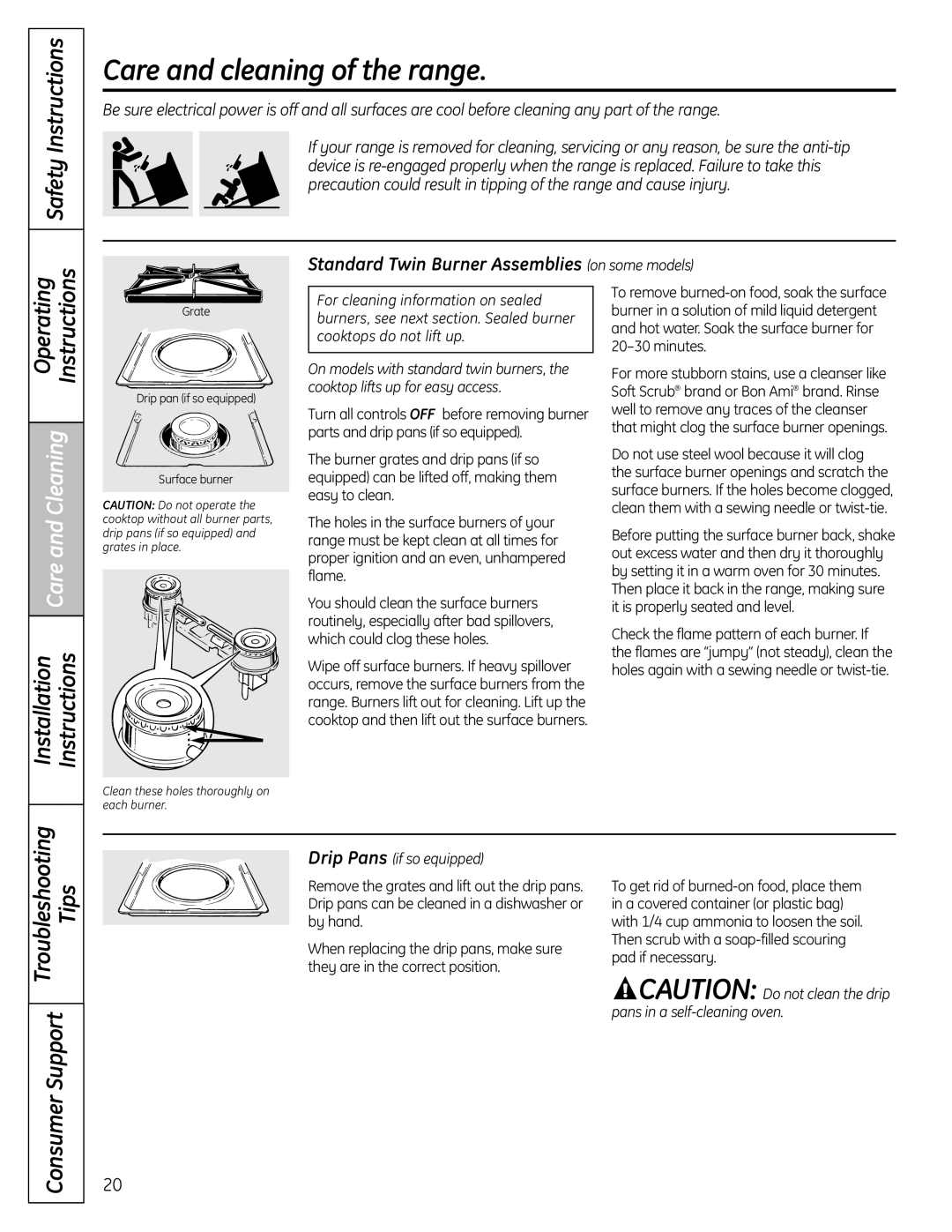 GE JGBS23DEMCC installation instructions Care and cleaning of the range, Standard Twin Burner Assemblies on some models 