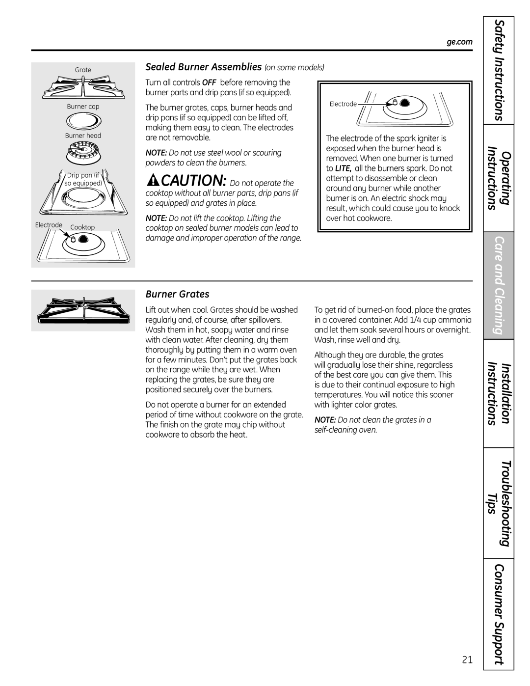 GE JGBS23DEMCC installation instructions Sealed Burner Assemblies on some models, Burner Grates 