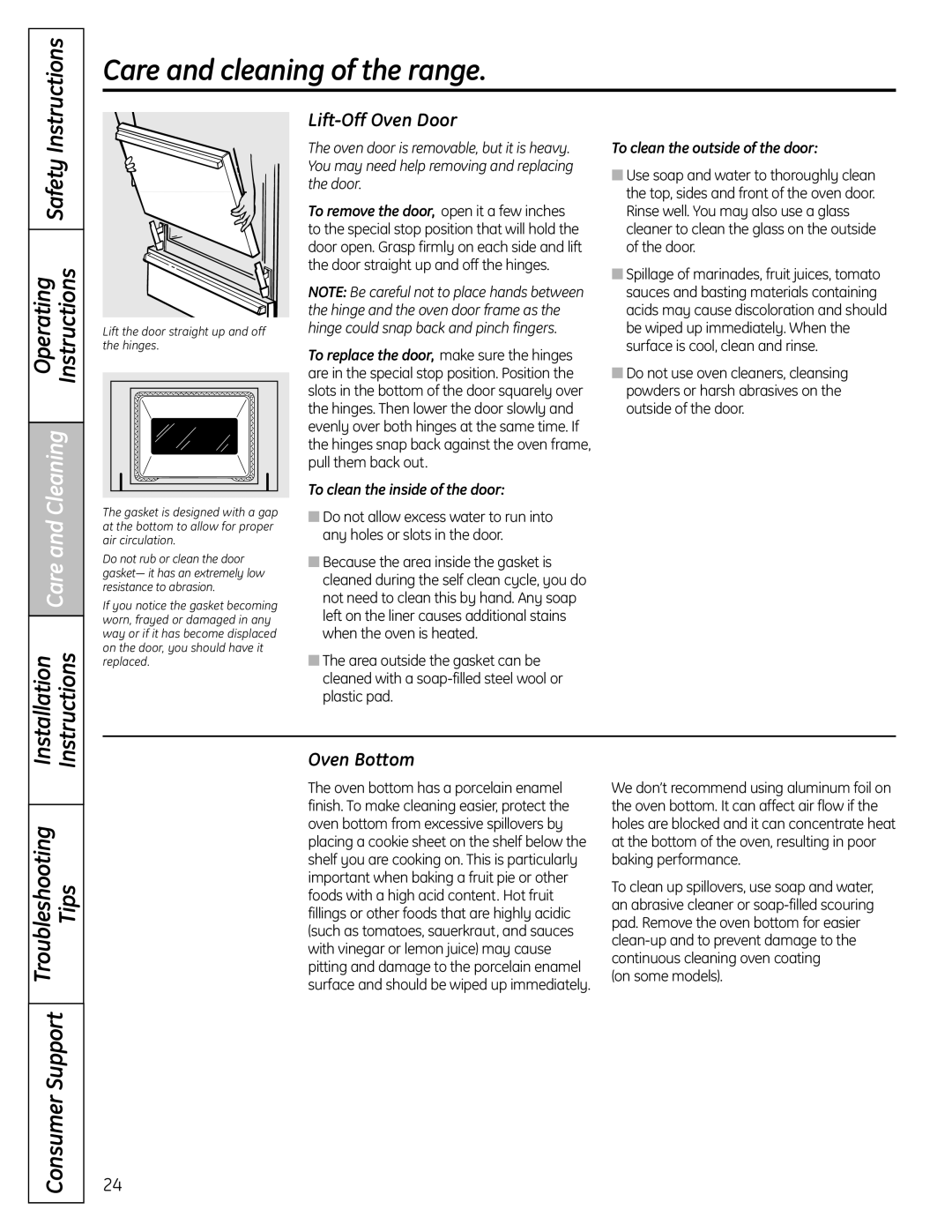 GE JGBS23DEMCC installation instructions Lift-Off Oven Door, Oven Bottom, To clean the inside of the door, On some models 