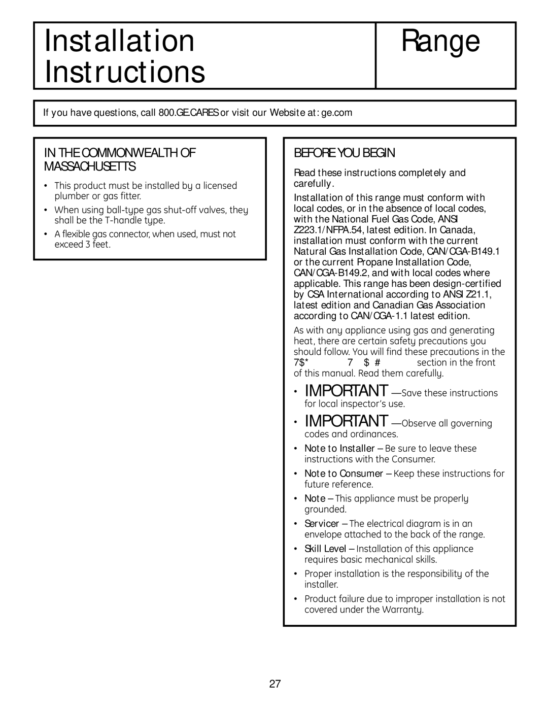 GE JGBS23DEMCC Commonwealth Massachusetts, Before YOU Begin, Read these instructions completely and carefully 