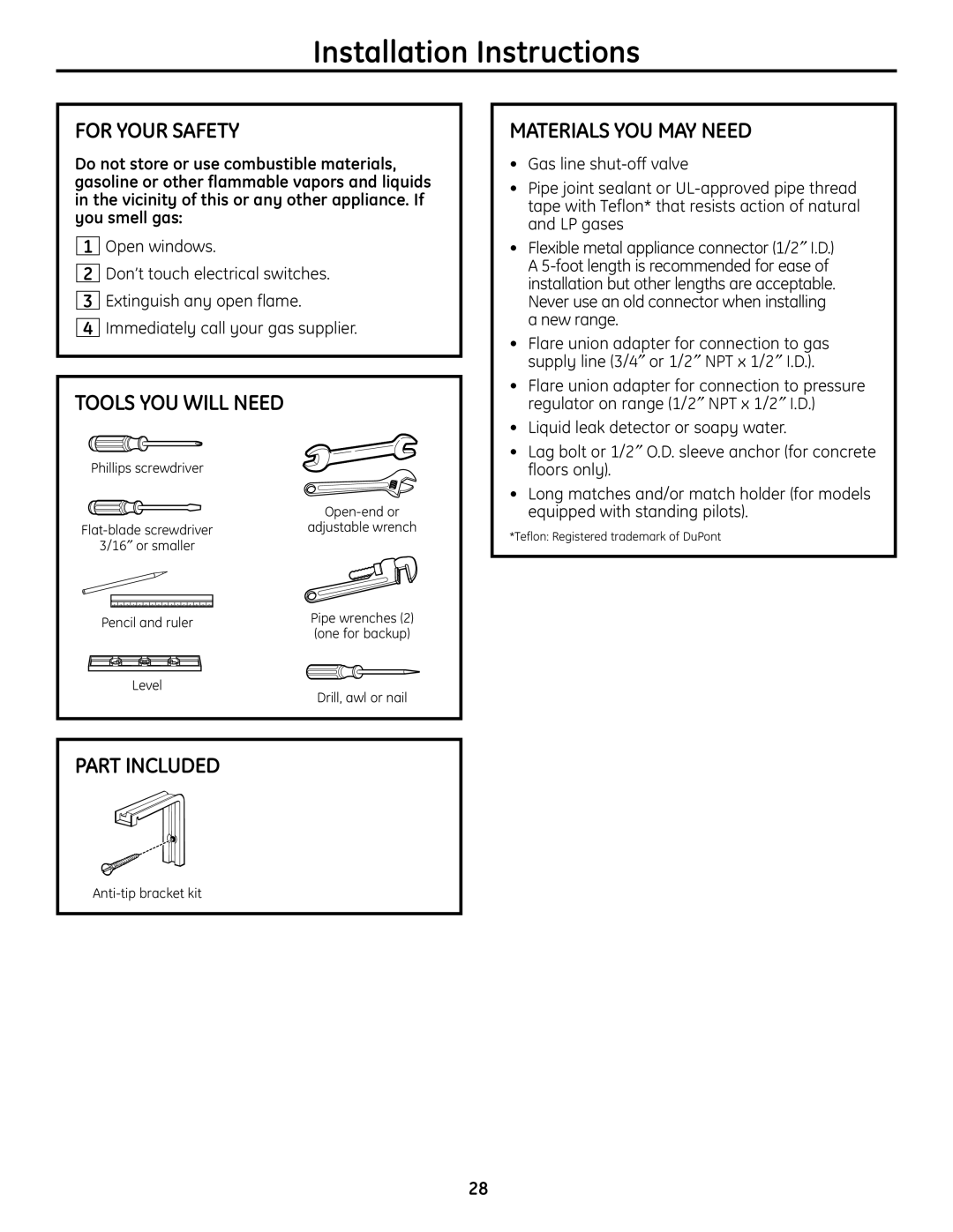 GE JGBS23DEMCC installation instructions For Your Safety, Tools YOU will Need, Part Included, Materials YOU MAY Need 