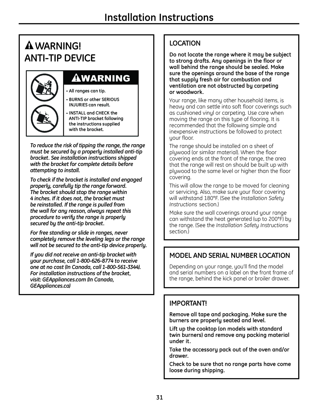 GE JGBS23DEMCC installation instructions Location, Or woodwork 