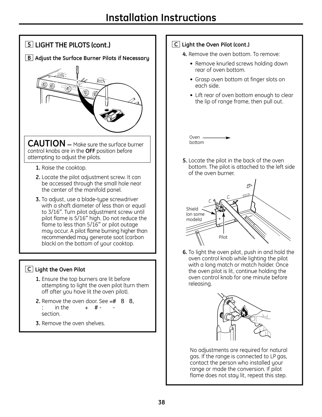 GE JGBS23DEMCC installation instructions Adjust the Surface Burner Pilots if Necessary, Light the Oven Pilot 