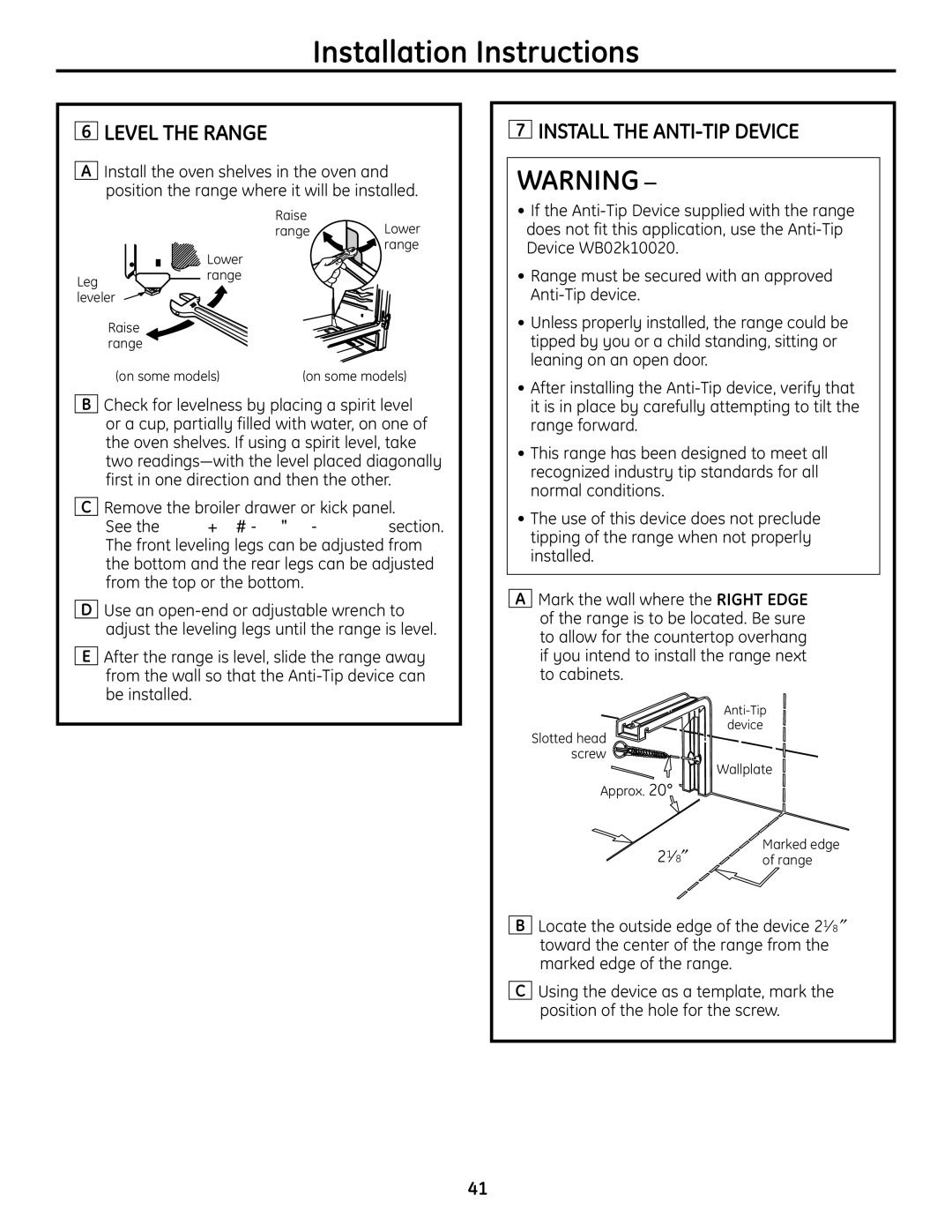 GE JGBS23DEMCC installation instructions Level the Range, Install the ANTI-TIP Device 
