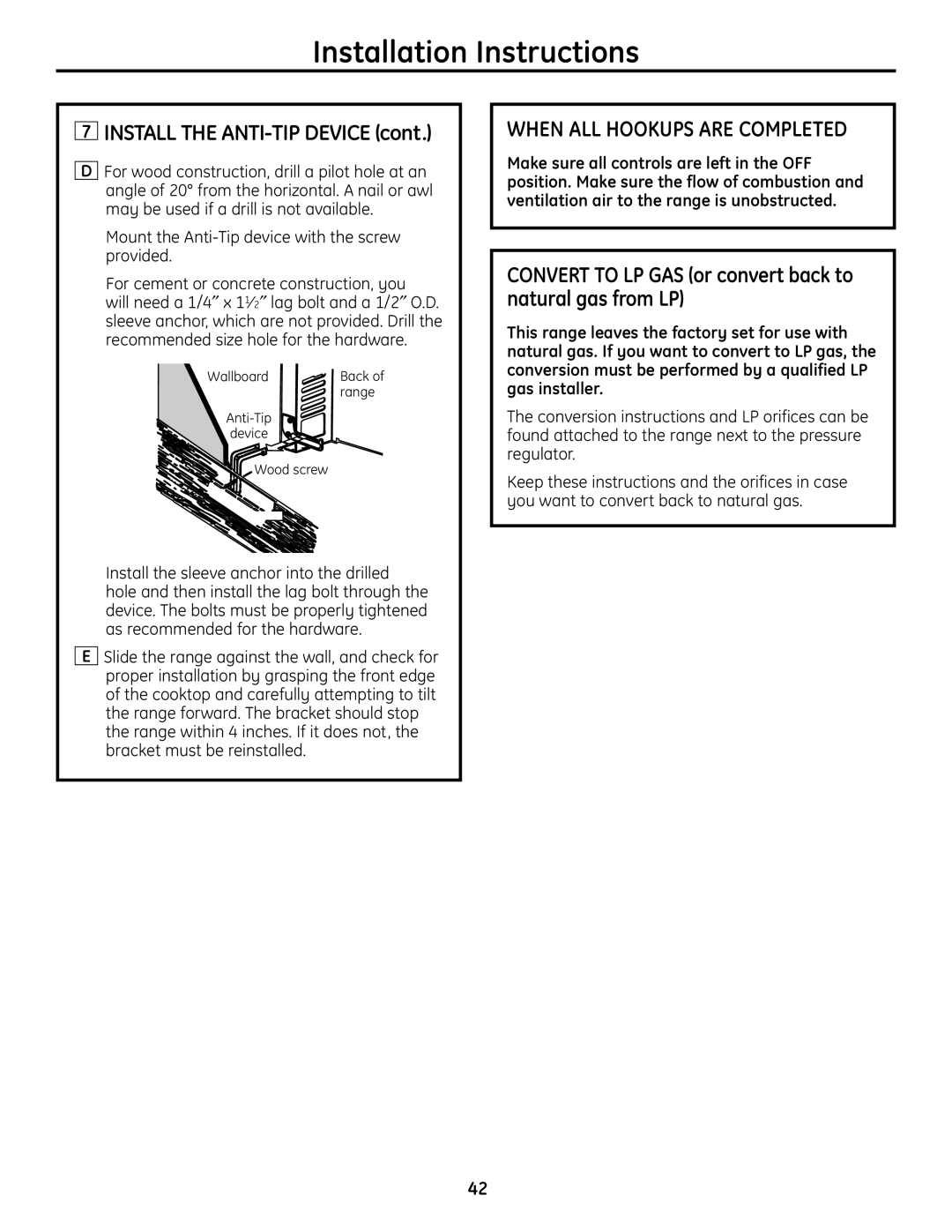 GE JGBS23DEMCC installation instructions When ALL Hookups are Completed, Install the ANTI-TIP Device 