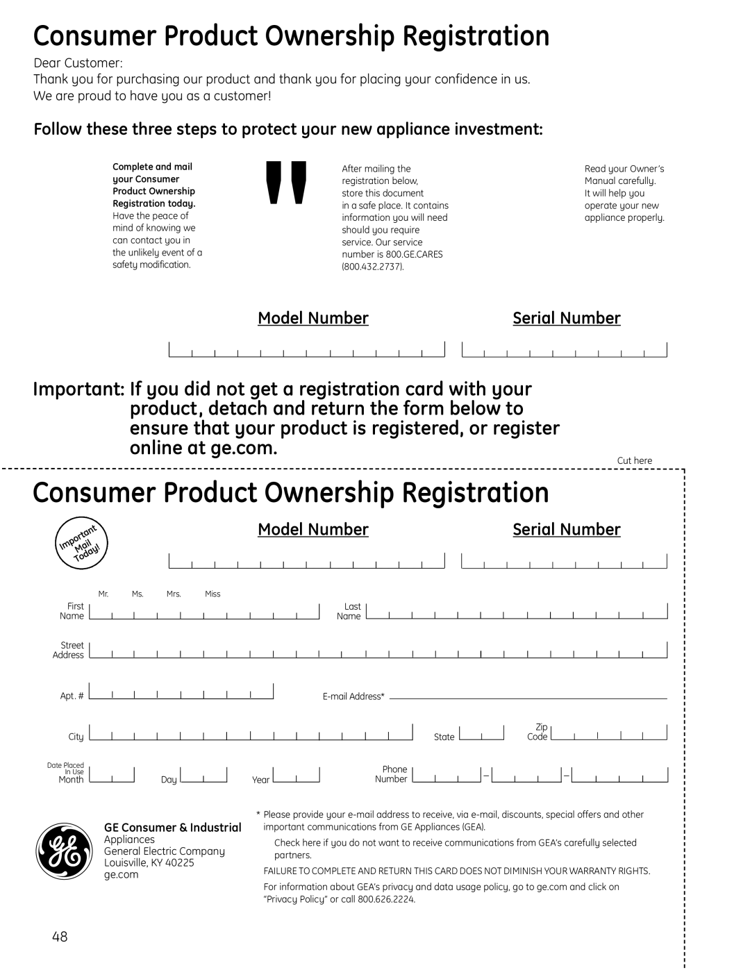 GE JGBS23DEMCC installation instructions Consumer Product Ownership Registration 