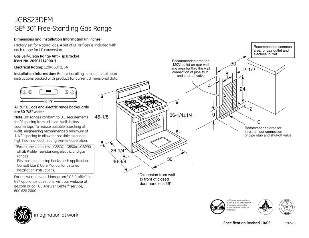 GE JGBS23DEMBB, JGBS23DEMWW dimensions GE 30 Free-Standing Gas Range, 46-1/8 26-1/4 46-3/8 36-1/4±1/4 