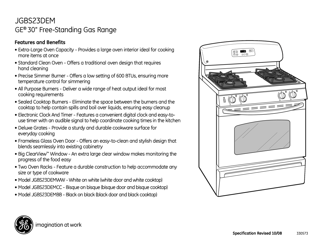 GE JGBS23DEMWW GE 30 Free-StandingGas Range, Features and Benefits, Clock, Start, Bake, Broil, Clear, Oven, Light 