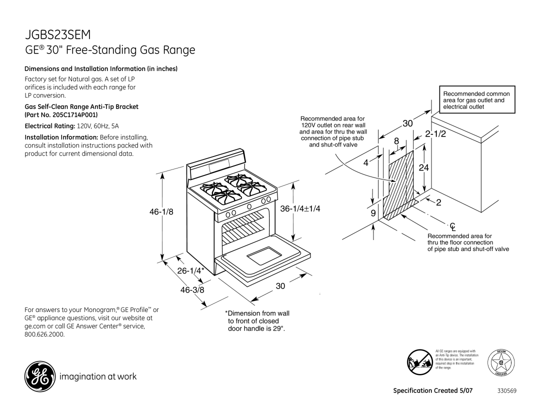 GE JGBS23SEM dimensions GE 30 Free-Standing Gas Range, 46-1/8 26-1/4 46-3/8 36-1/4±1/49, Specification Created 5/07 