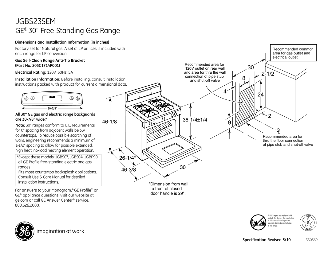 GE 205C1714P001, JGBS23SEMSS dimensions GE 30 Free-Standing Gas Range, 46-1/8 26-1/4 46-3/8 36-1/4±1/4 