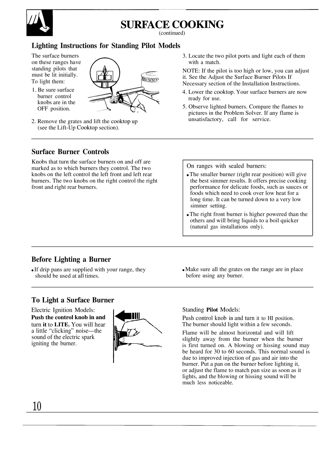 GE JGBS78, JGBS79 manual Lighting Instructions for Standing Pilot Models, Surface Burner Controls, Before Lighting a Burner 