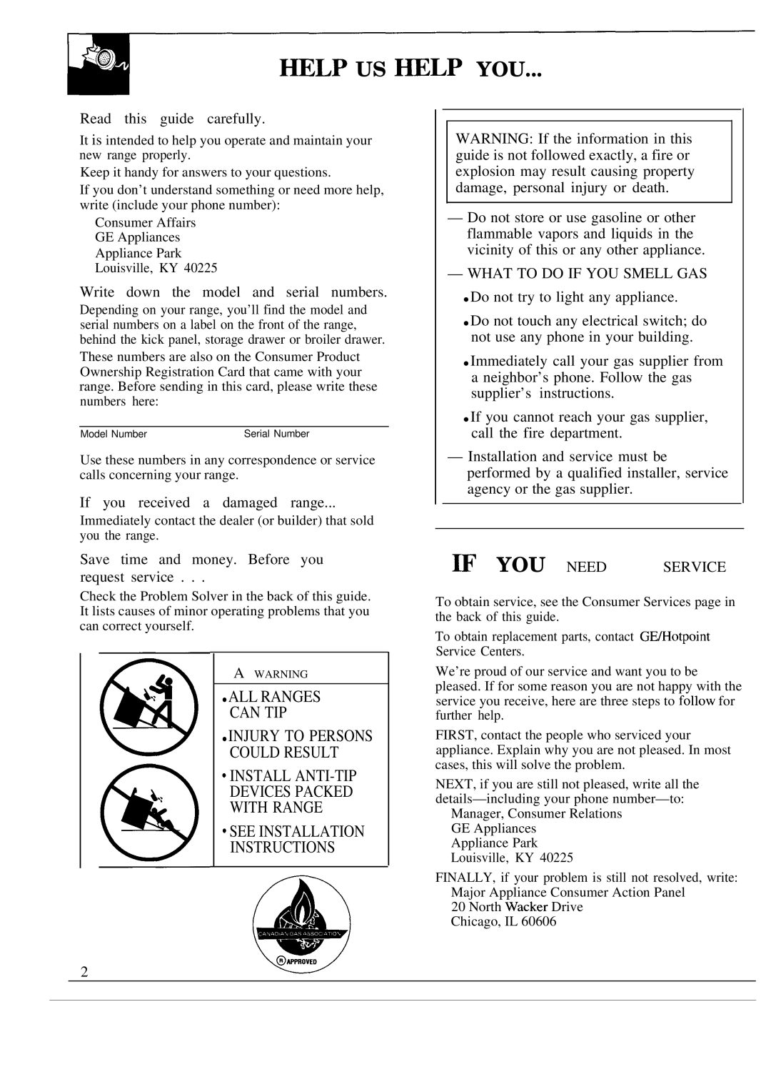 GE JGBS77, JGBS79, JGBS78, JGBS74, JGBS72, JGBS16, JGBS06, JGBC15, JGBC16 manual What to do if YOU Smell GAS, ~ YOU Need Service 