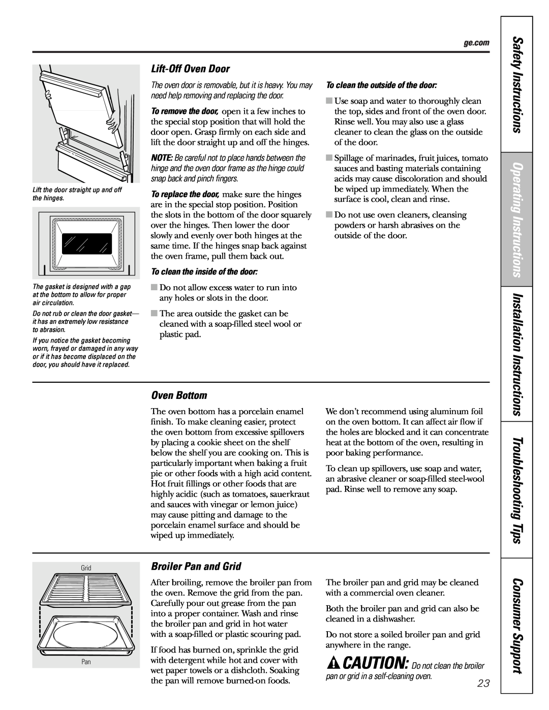 GE JGBS80 Instructions Operating Instructions, Consumer Support, Troubleshooting Tips, Lift-OffOven Door, Oven Bottom 