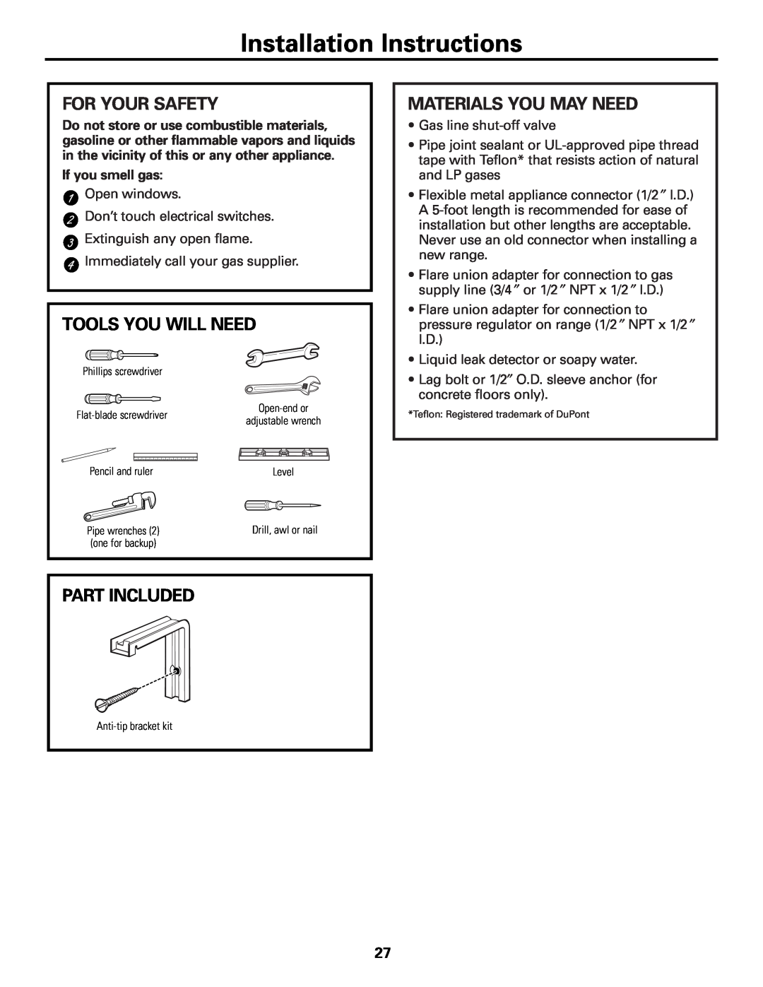 GE JGBS80 Installation Instructions, For Your Safety, Tools You Will Need, Part Included, Materials You May Need 