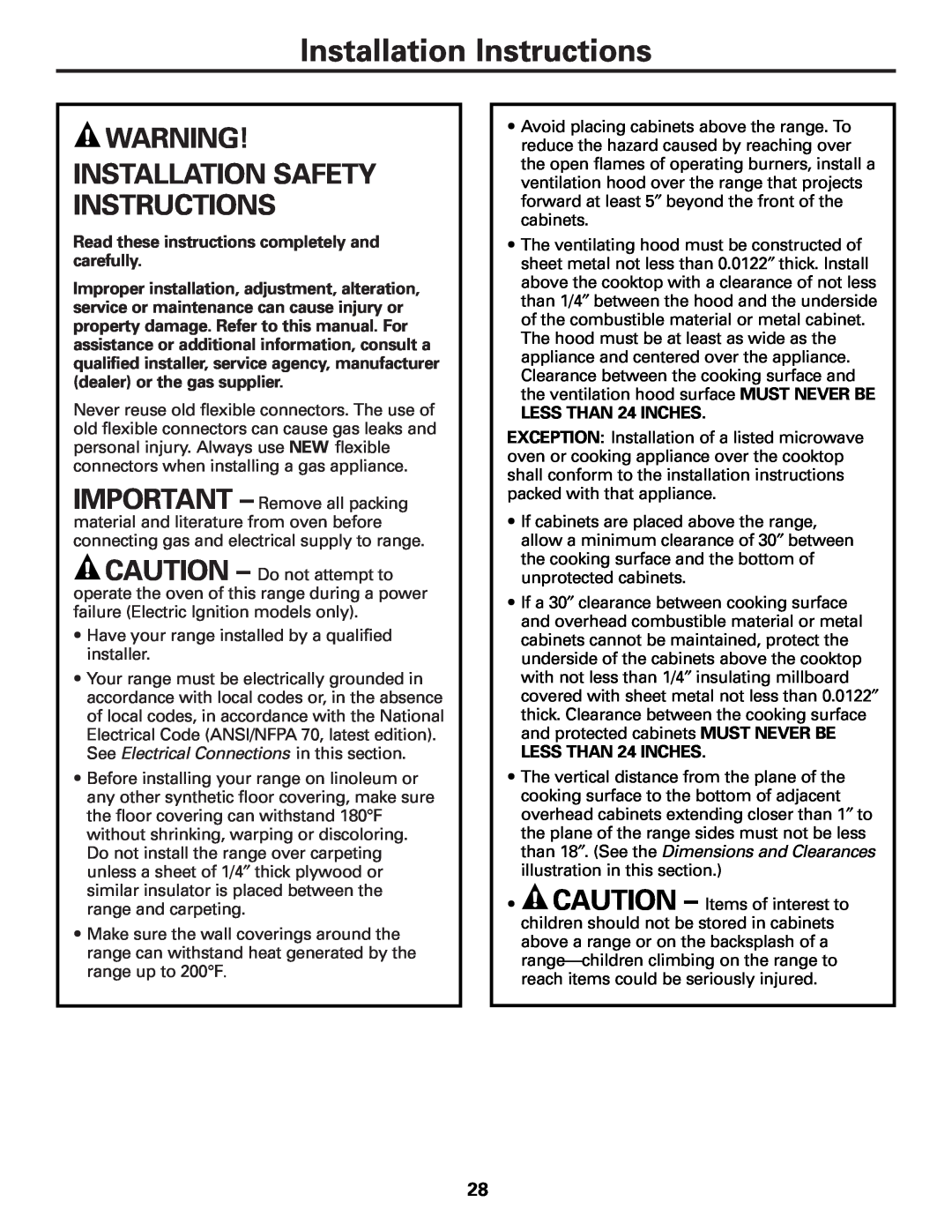 GE JGBS80 Installation Instructions, Warning! Installation Safety Instructions, LESS THAN 24 INCHES 