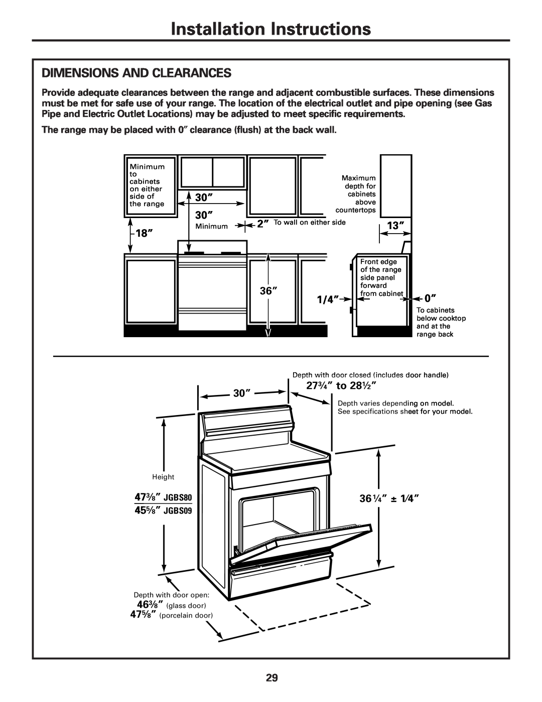 GE JGBS80 installation instructions Installation Instructions, Dimensions And Clearances 