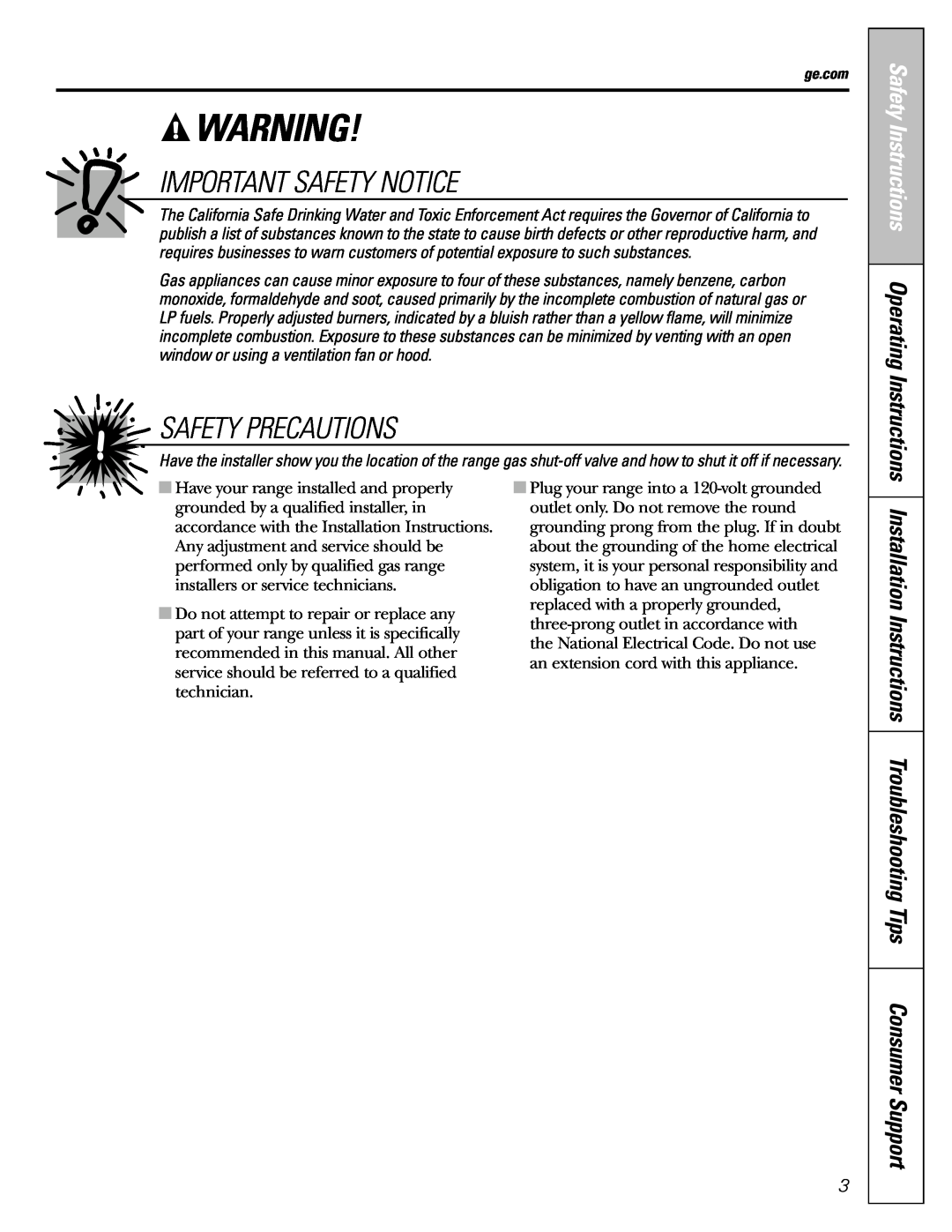 GE JGBS80 installation instructions Important Safety Notice, Safety Precautions, Safety Instructions Operating Instructions 