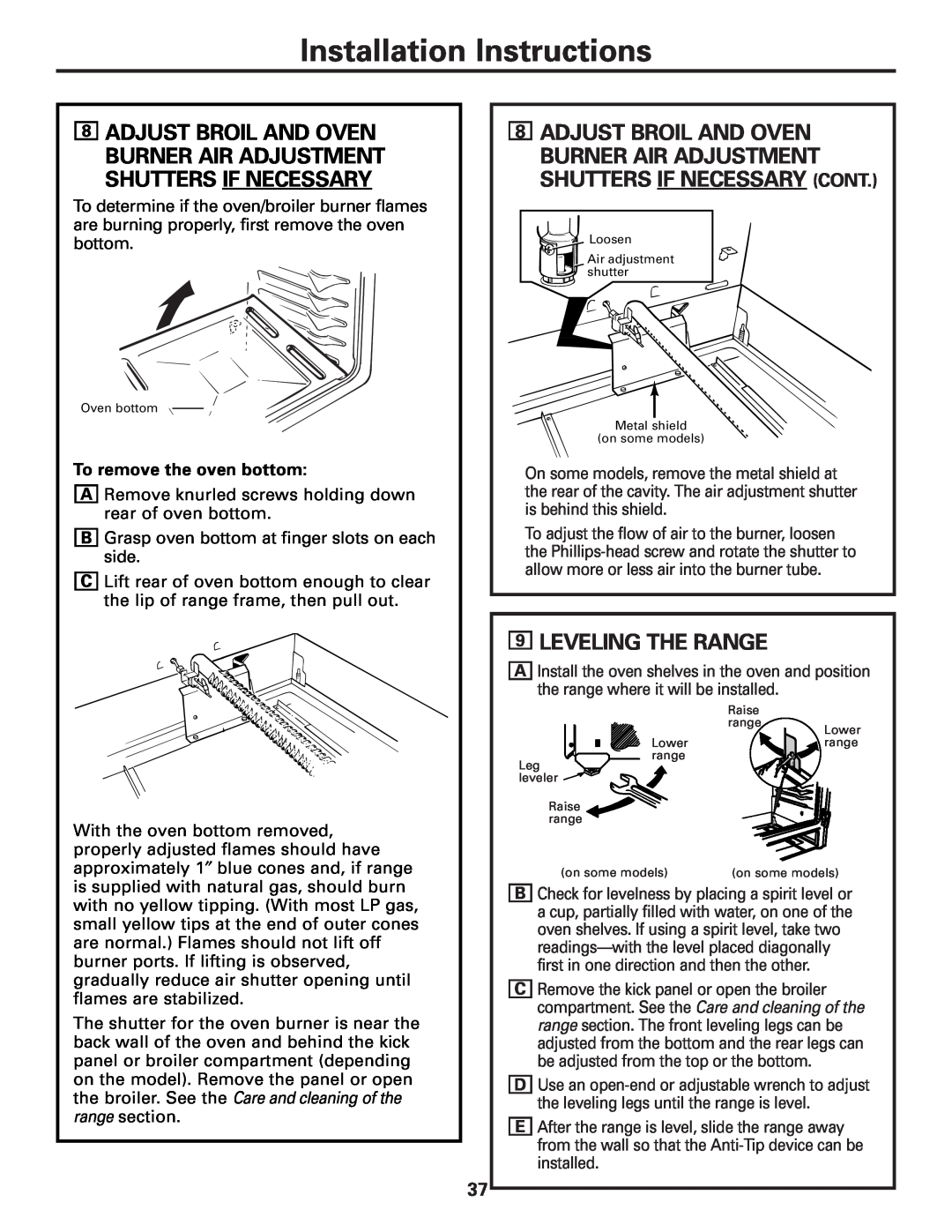 GE JGBS80 installation instructions Installation Instructions, 9LEVELING THE RANGE, To remove the oven bottom 