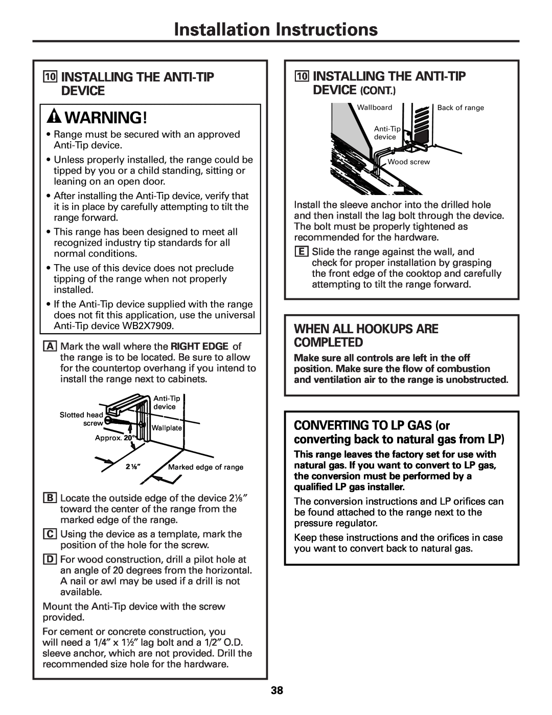 GE JGBS80 Installation Instructions, 10INSTALLING THE ANTI-TIPDEVICE CONT, When All Hookups Are Completed 