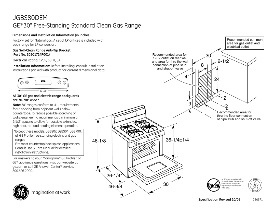 GE JGBS80DEMBB dimensions GE 30 Free-Standing Standard Clean Gas Range, 46-1/8 26-1/4 46-3/8 36-1/4±1/4 