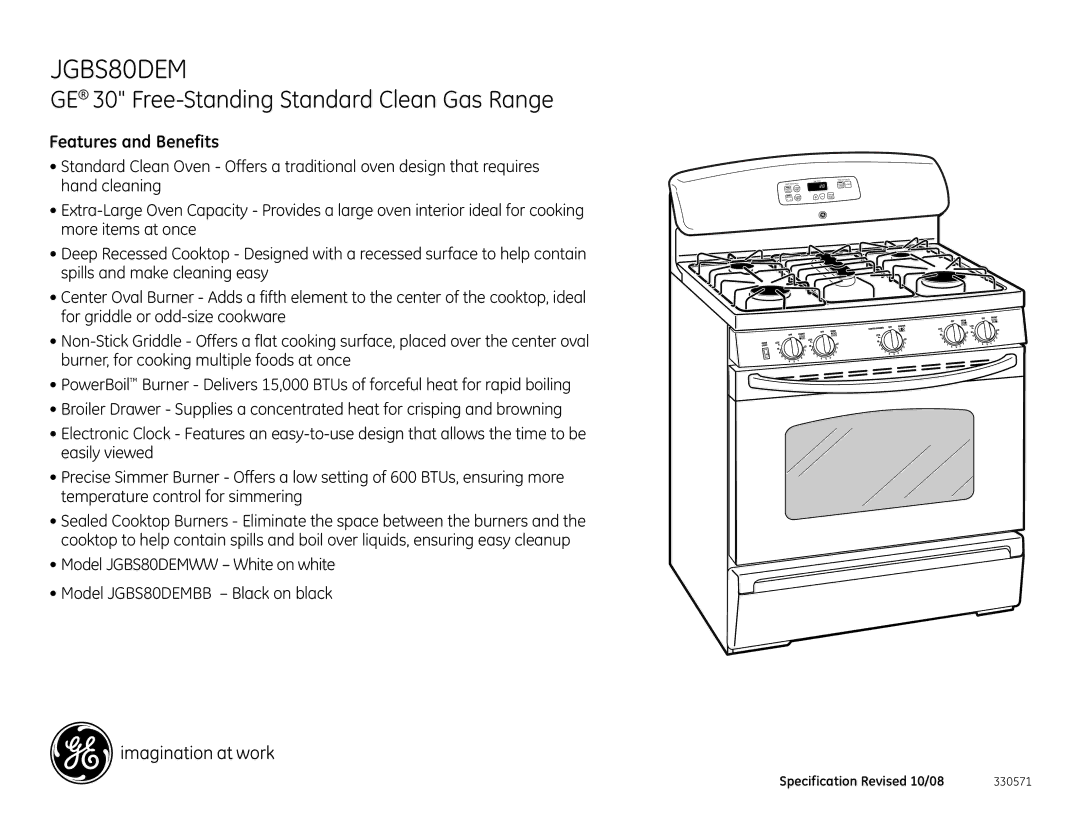 GE JGBS80DEMBB dimensions GE 30 Free-Standing Standard Clean Gas Range, Features and Benefits 