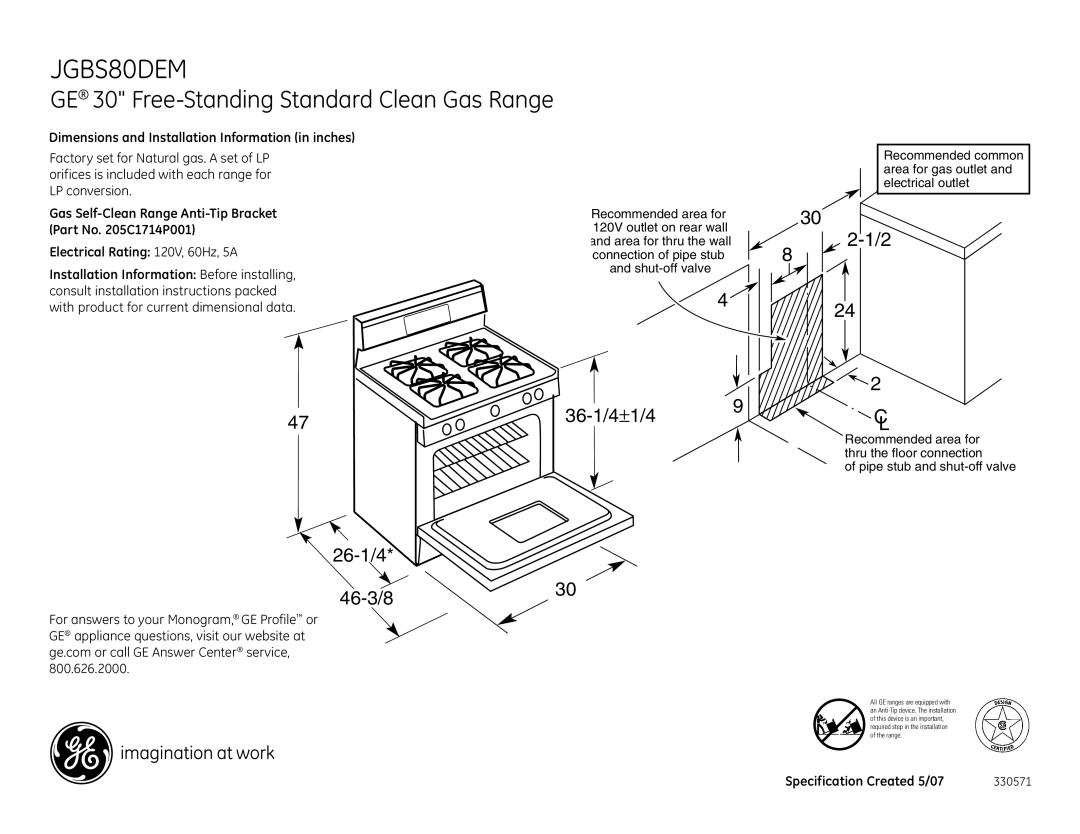 GE JGBS80DEMWW dimensions GE 30 Free-Standing Standard Clean Gas Range, 26-1/4, 36-1/4±1/4, 46-3/830 