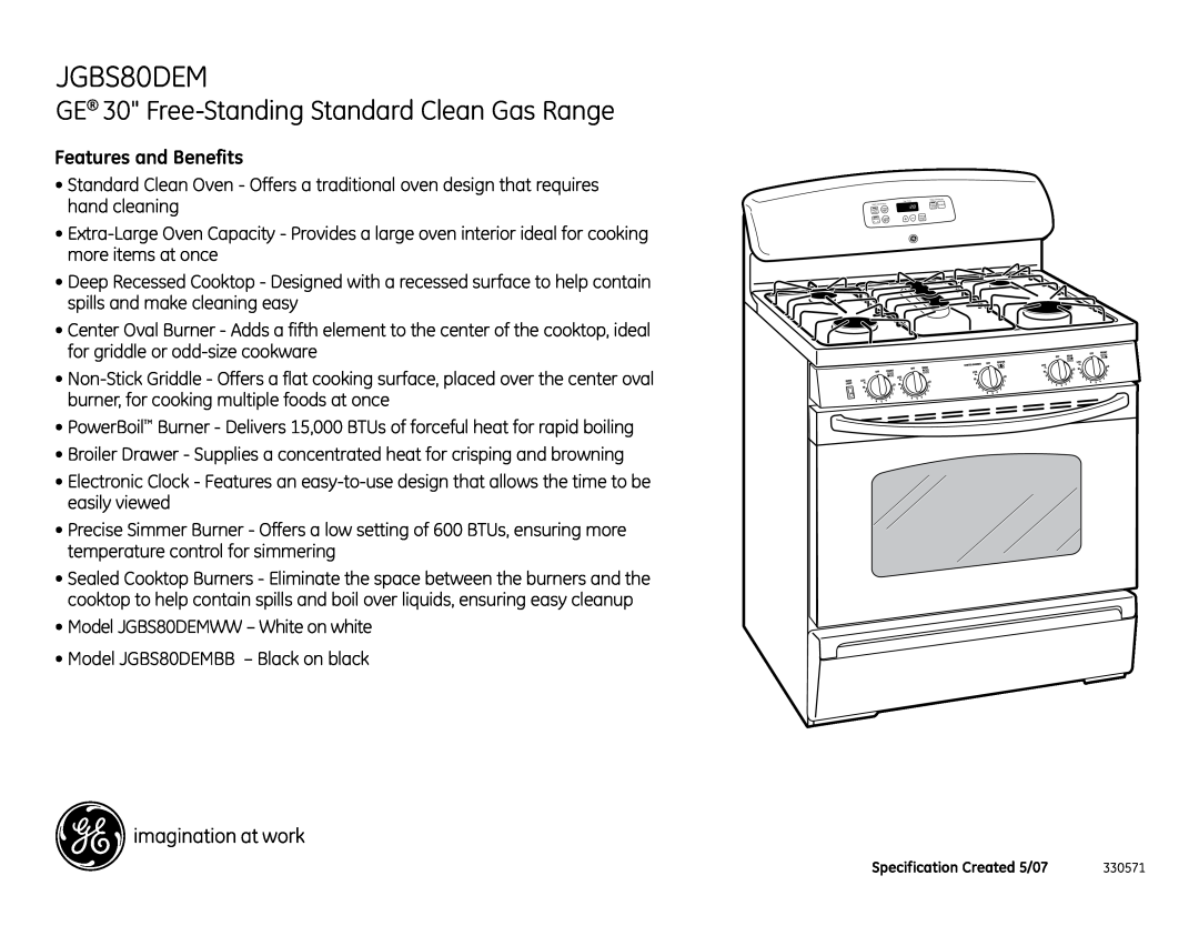 GE JGBS80DEMWW dimensions GE 30 Free-StandingStandard Clean Gas Range, Features and Benefits 