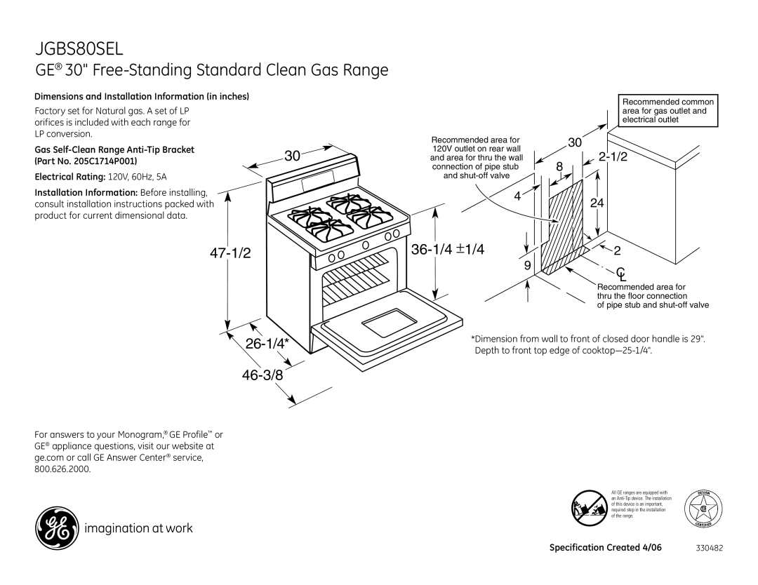 GE JGBS80SEL dimensions GE 30 Free-Standing Standard Clean Gas Range, 47-1/2, 36-1/4 ±1/4, 26-1/4 46-3/8 