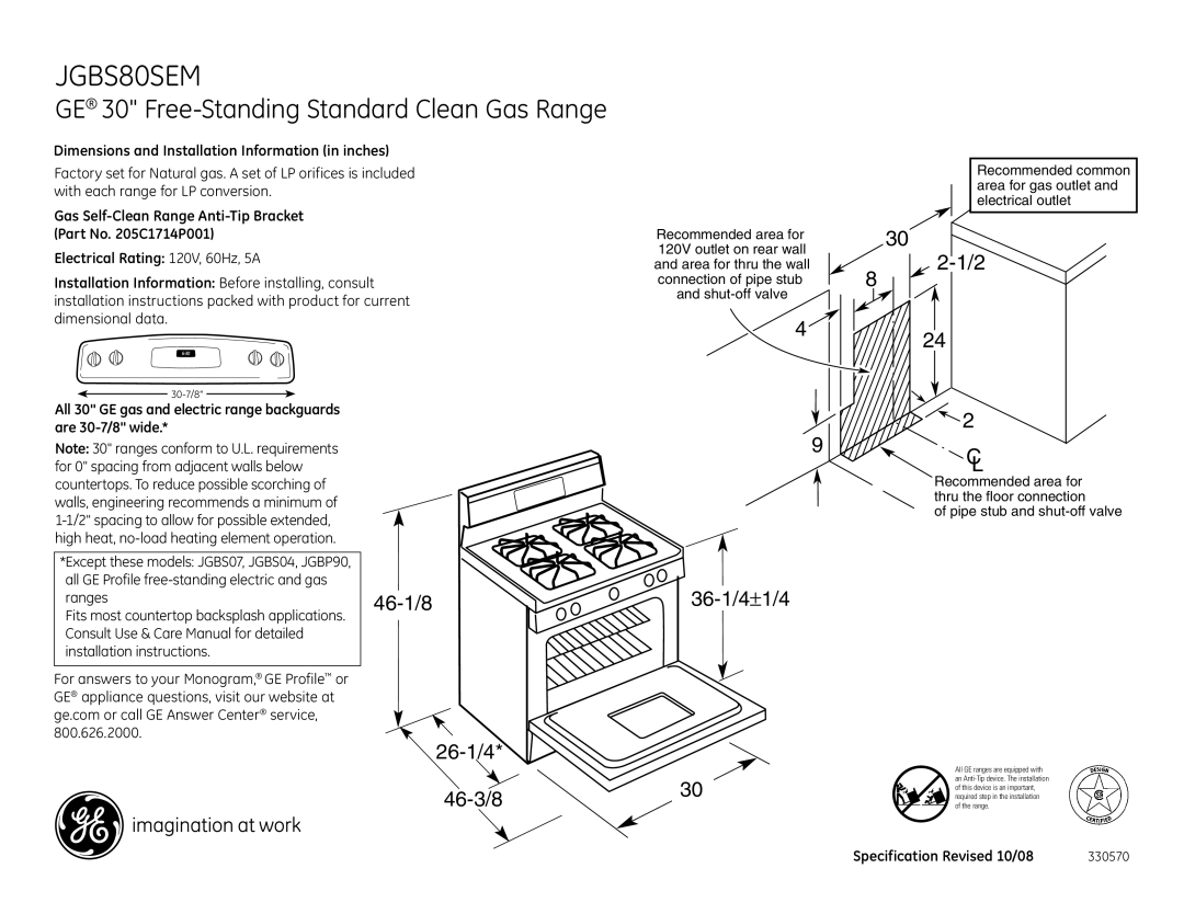 GE JGBS80SEM dimensions Dimensions and Installation Information in inches, Electrical Rating 120V, 60Hz, 5A 