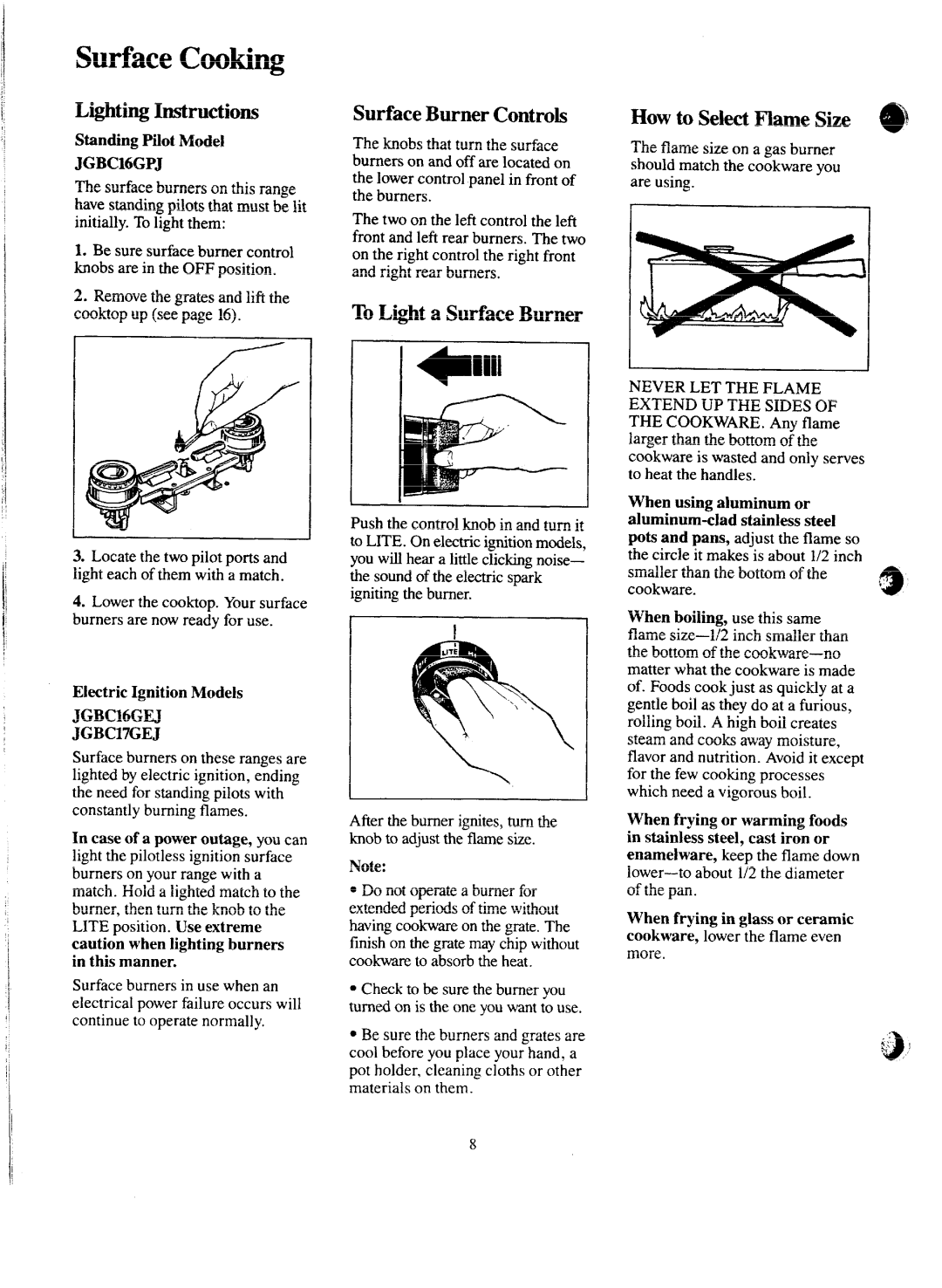 GE JGBC16GEJ, JGJ3C16GPJ, JGBC17GEJ warranty Surface Cooking, Lighting Instructions, Surface Burner Controls 