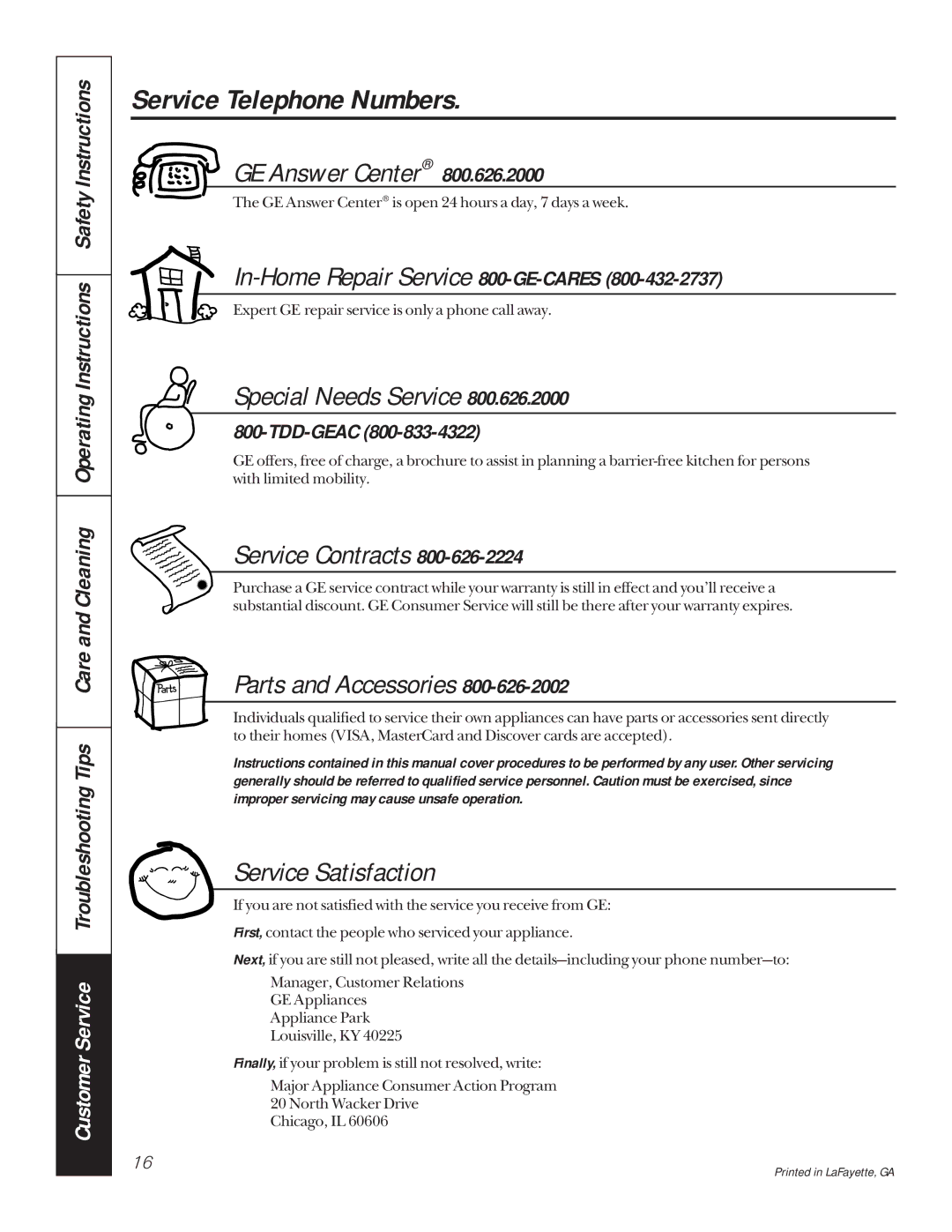 GE JGP319, JGP320 owner manual Service Telephone Numbers, GE Answer Center 