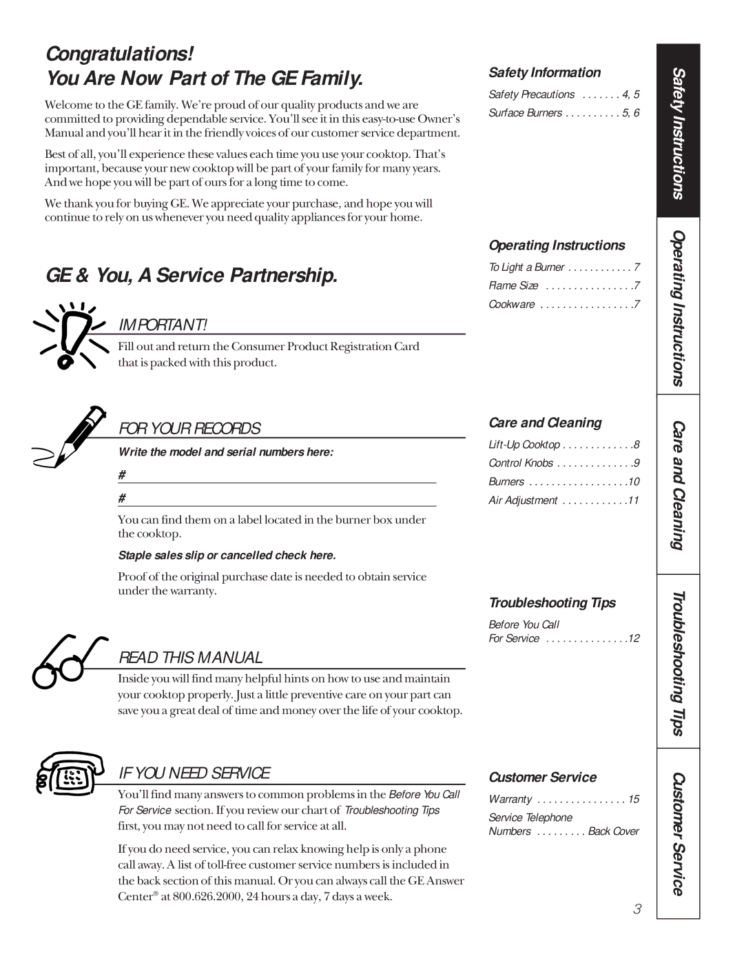 GE JGP320, JGP319 owner manual Congratulations You Are Now Part of The GE Family, GE & You, a Service Partnership 