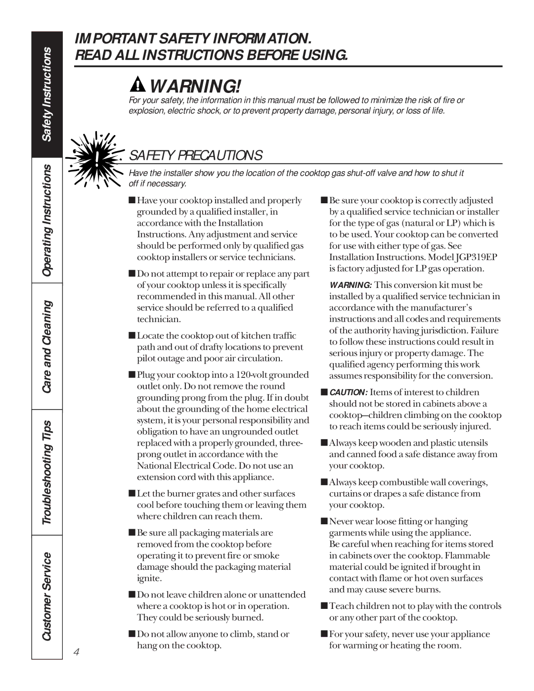 GE JGP319, JGP320 owner manual Safety Precautions 