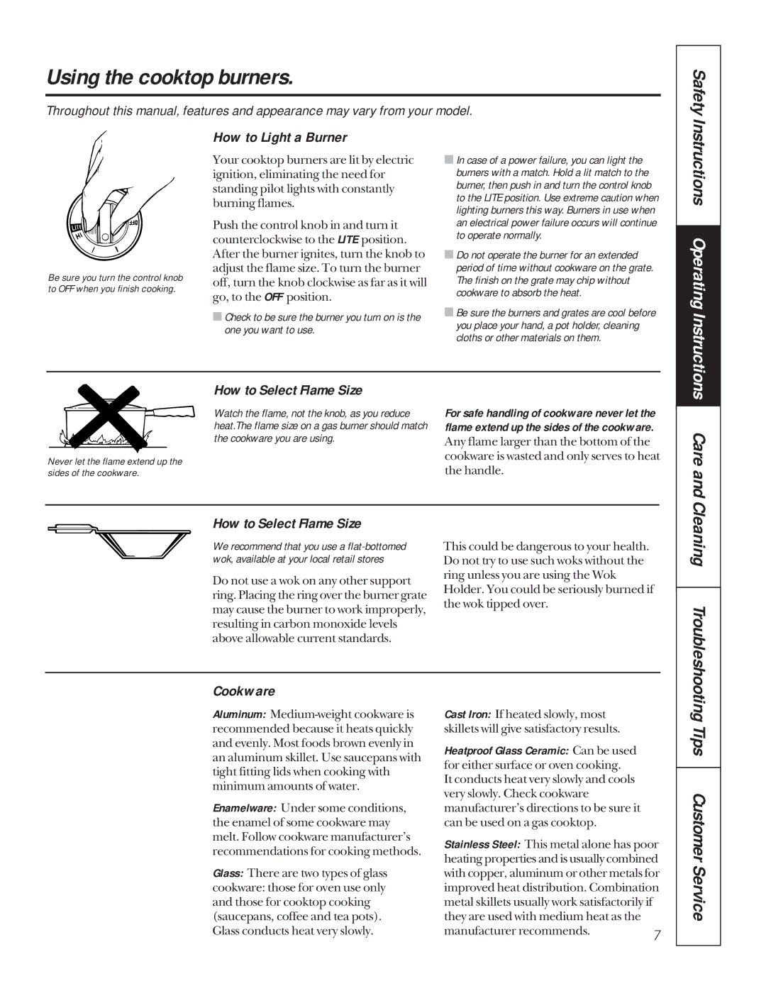 GE JGP320, JGP319 owner manual Using the cooktop burners, How to Light a Burner, How to Select Flame Size, Cookware 